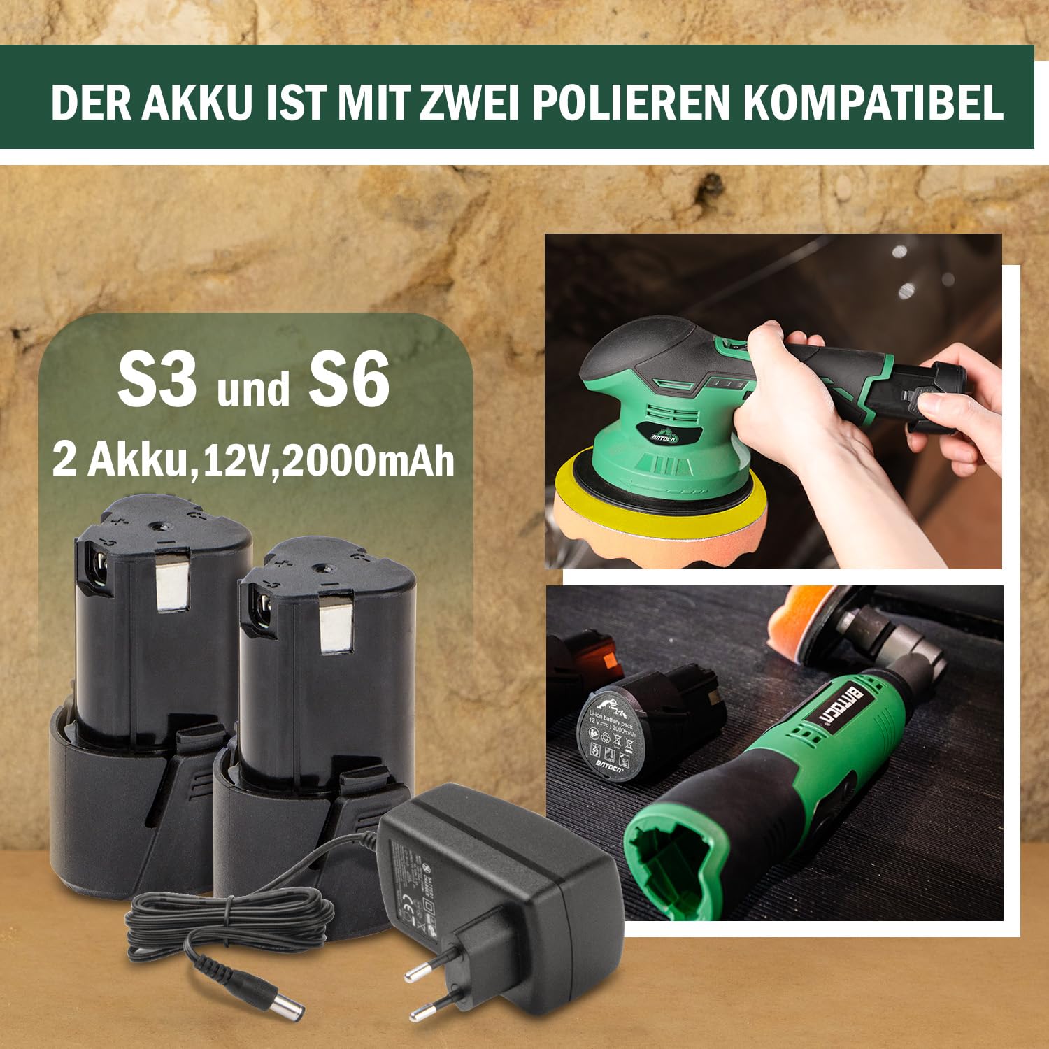 BATOCA S3 Akku Poliermaschine und S6 RO&DA Polier Kombi Set,Universal Akku | 3mm/12mm Exzenter Puffer Doppelwirkung,12V, 2.0A Batterie,Polieren Gesamten Autos/Details,Kombiniertes Politur,Schleifmasch
