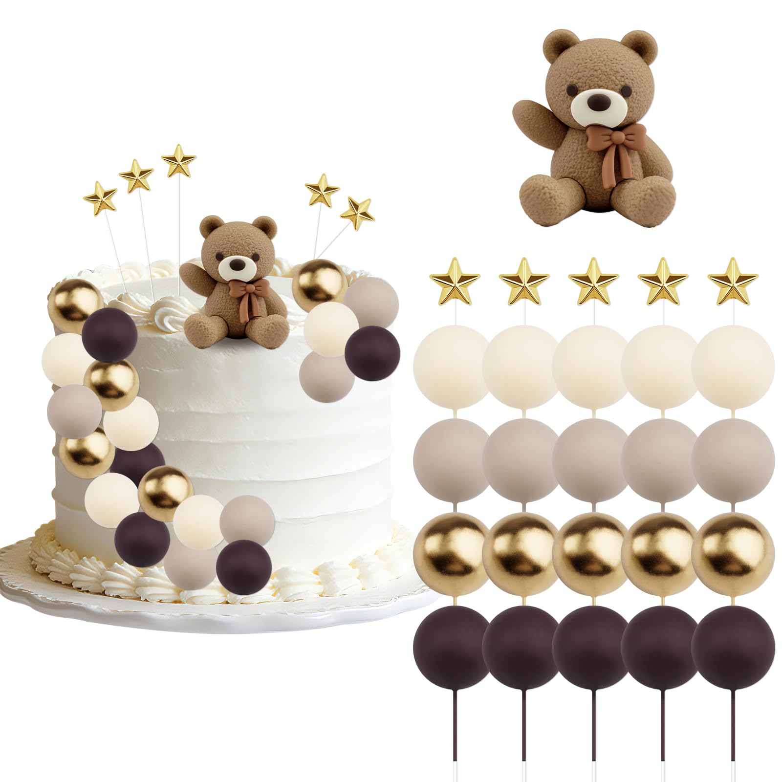 26Pcs Baby Shower Cake Topper,Beige Brown Bear Balls and Stars Baby Shower Cake Decoration,Boho Cake Toppers Perfect for Gender Reveal Party & Newborn Celebrations
