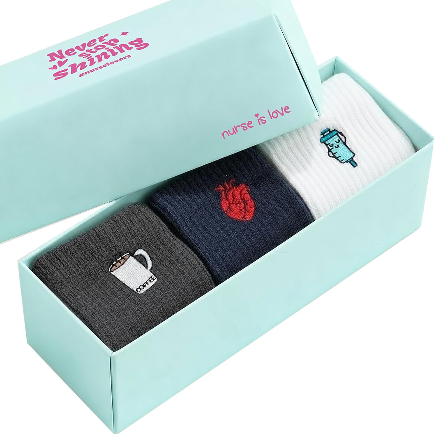 Nurse is Love Grappige damessokken voor verpleegsters, ideaal voor TCAE, medicijnen, vet; pasvorm met sanitaire klompen voor dames, originele geschenken, verzorgingsproducten, Crew Set 1, Talla única
