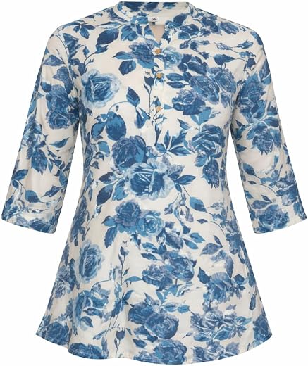 Women Cotton Printed Short Kurti | Floral Design | 3/4 Sleeve Tunic Top | Casual Ethnic Wear for Jeans &amp; Office Wear | M L...