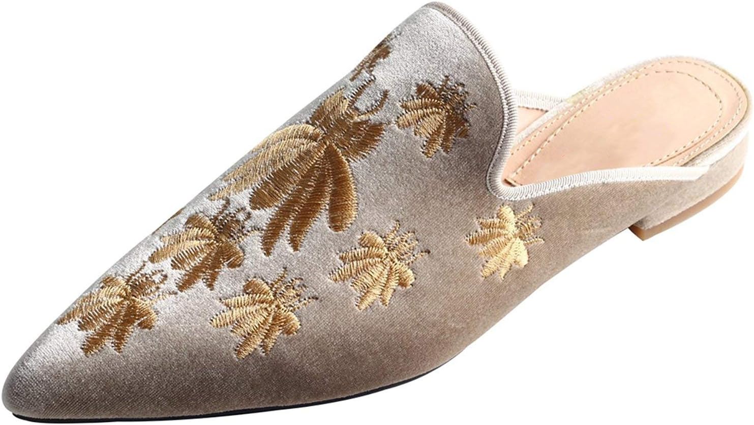 Fericzot Women's Velvet Backless Pointed Toe Slip On Loafers Flats Embroidery Mule Slippers Shoes - Image 2