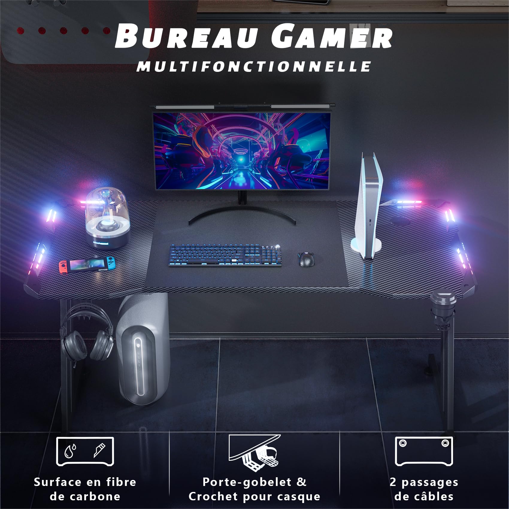 HLONONE 120 x 60cm Bureau Gaming LED, Grande Bureau Gamer avec Un Plateau en Fibre de Carbone, Bureau Informatique Ergonomique avec Tapis de Souris, Porte-gobelet et Crochet pour Casque, Noir