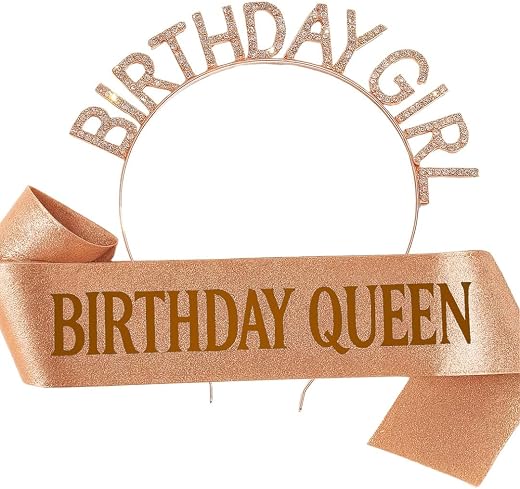 Wanna Party Crystal Rhinestone Birthday Girl Tiara Headband with Queen Girl Sash - Rose Gold