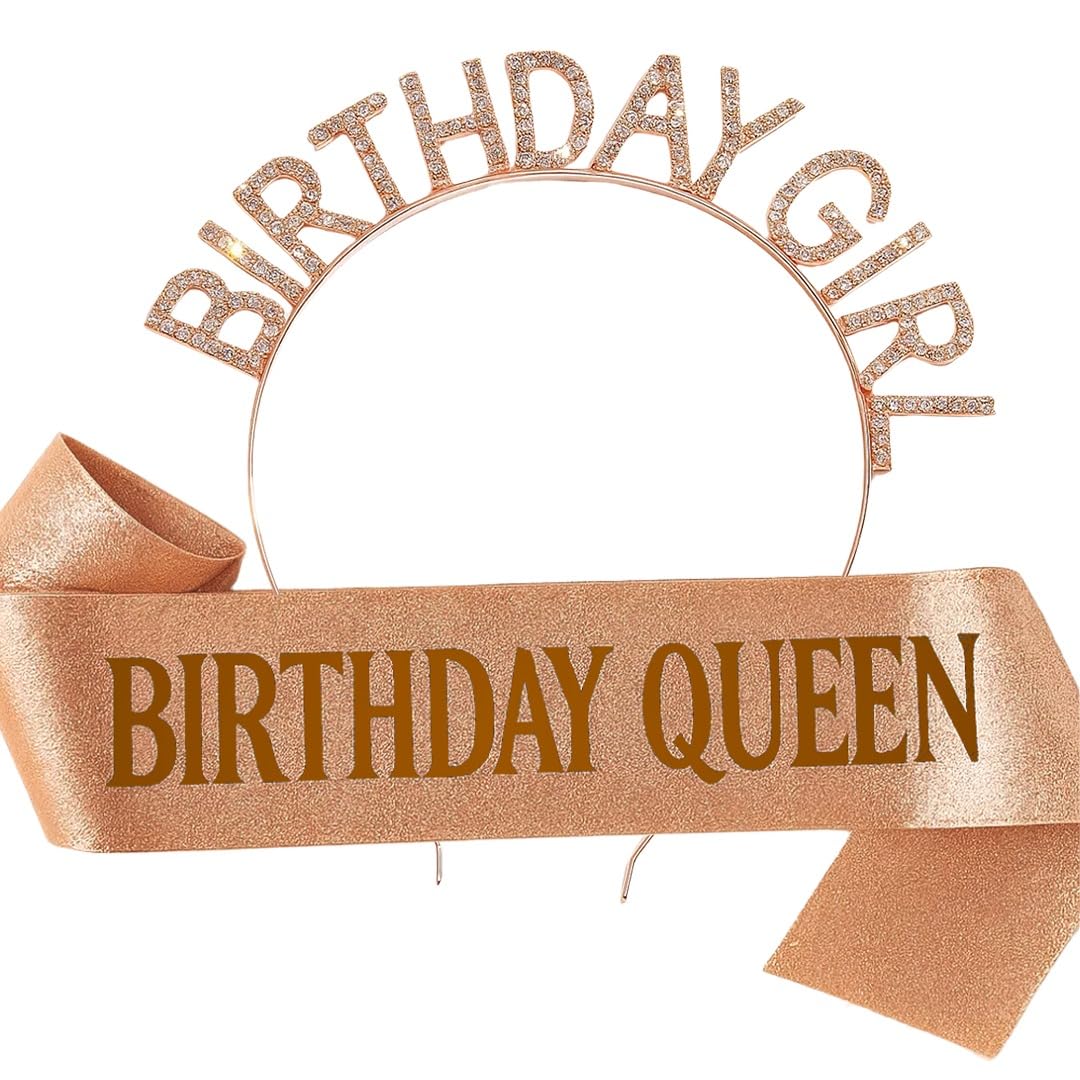 Wanna Party Crystal Rhinestone Birthday Girl Tiara Headband with Queen Girl Sash - Rose Gold - Review, Price and Buying Guide
