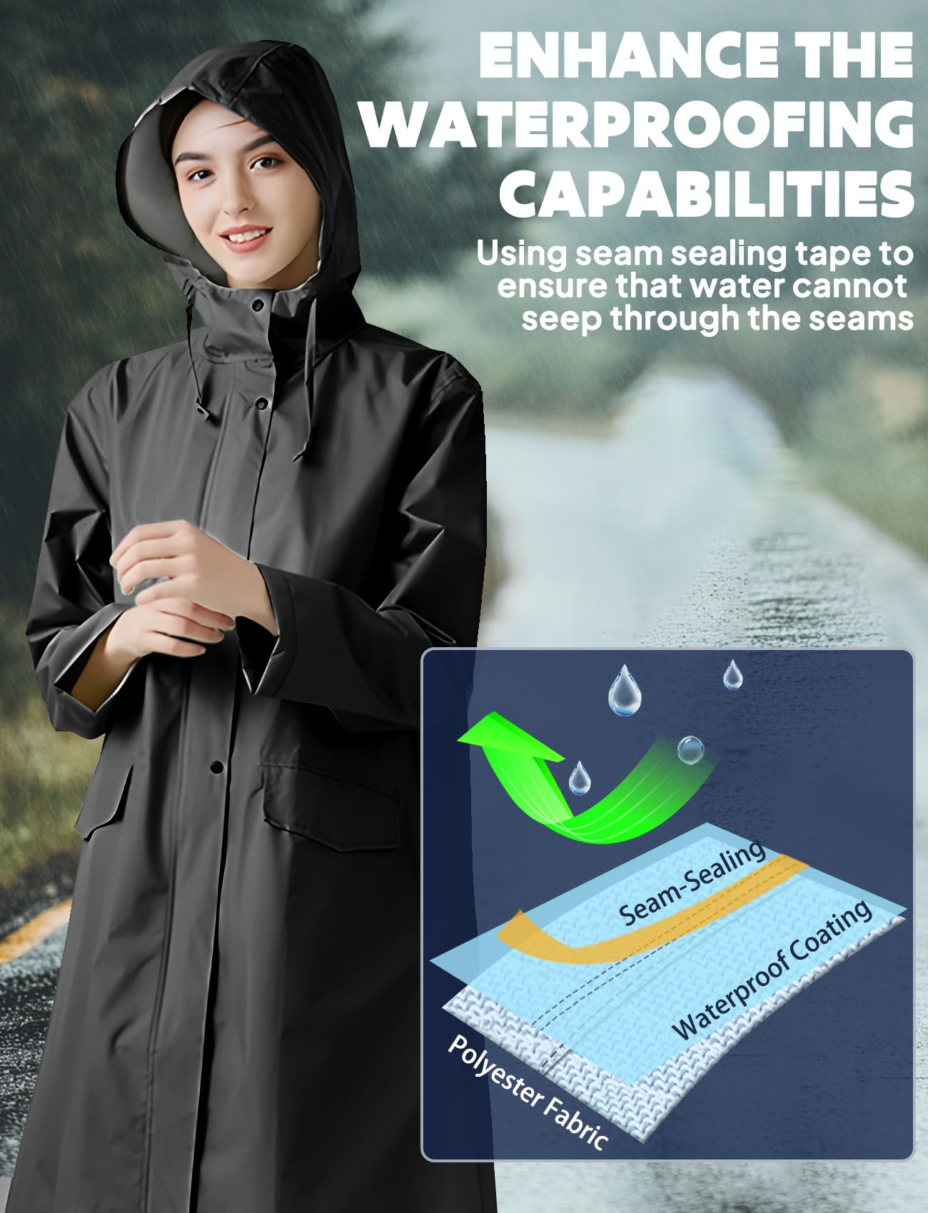 ANYOO Chubasquero Poncho de Lluvia con Capucha para Mujer, Impermeable Largo y Ligero para Aire Libre
