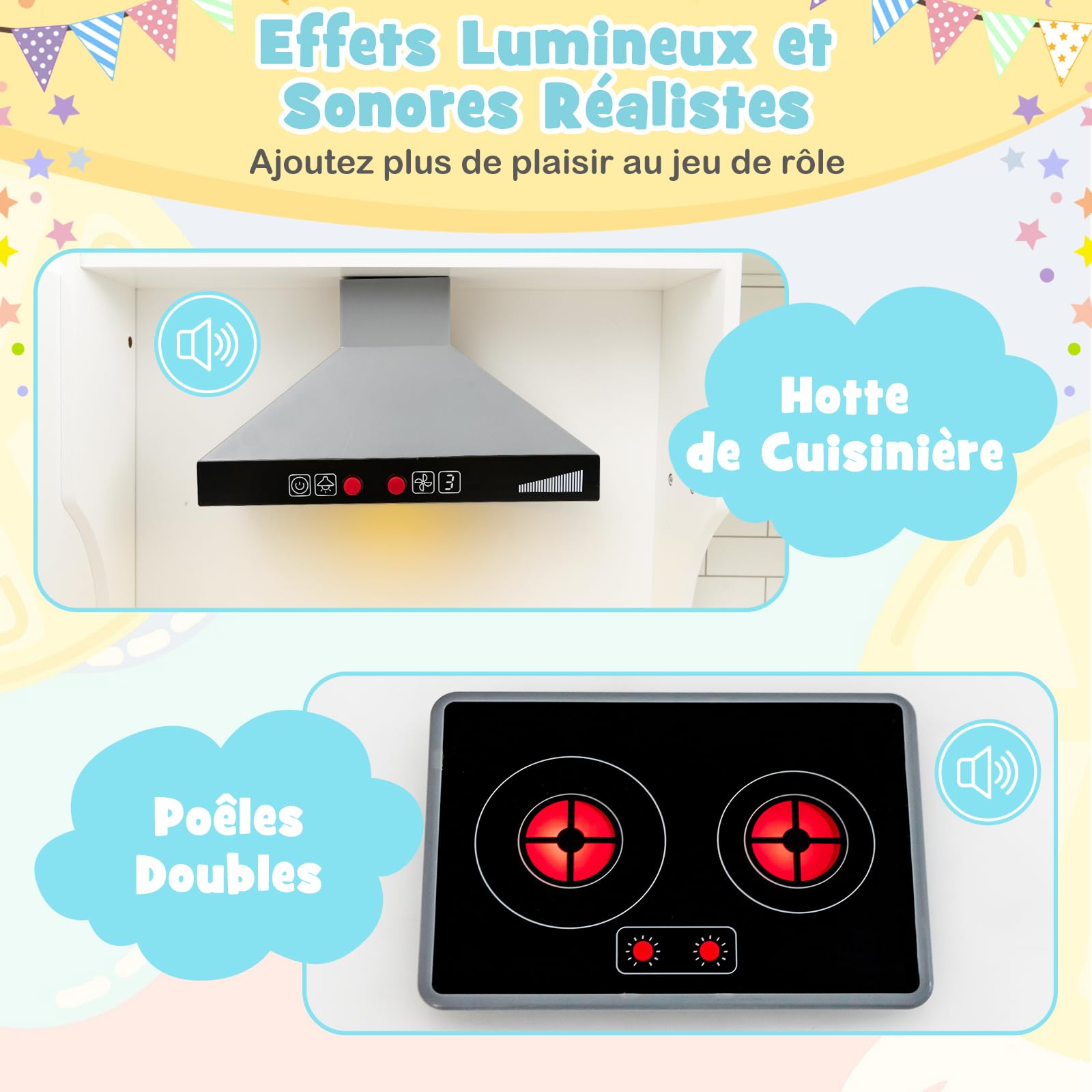 COSTWAY Cuisine Enfants en Bois avec Lumière & Effet Sonore, Jeu de Cuisine d'angle avec 14 Accessoires & Micro-Ondes, Espace de Stockage, Jouet d’Imitation pour 4 Enfants de 3-10 Ans (Blanc)