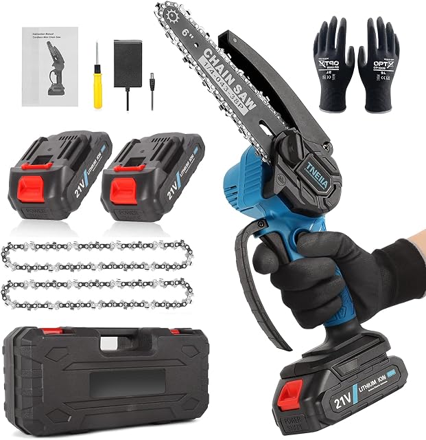 TNEIIA Mini Chainsaw, 6 Inch Cordless Electric Chainsaw with 2 Rechargeable Battery and 2 Chains Handheld Pruning Shears for Garden Courtyard Tree Branch Wood Cutting