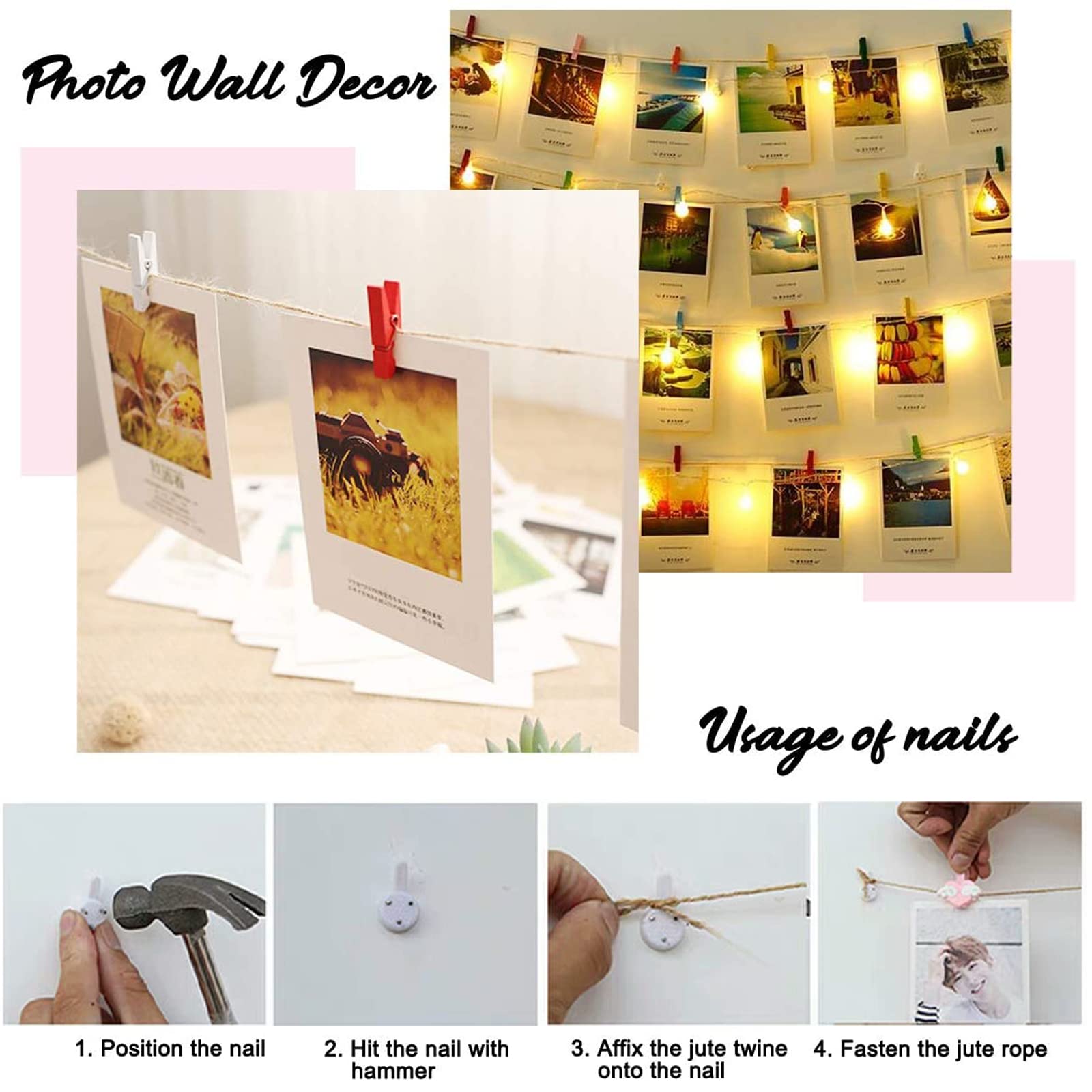 50 Mollette Di Legno Colorate Con Spago Di Iuta - Per Decorazioni, Foto, Matrimoni E Fai Da Te