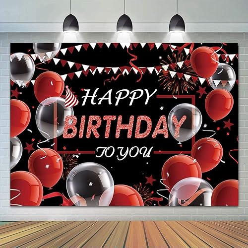Miniatura 2 de CGXINS Telón de fondo de fotografía de feliz cumpleaños blanco rojo y negro de 7 x 5 pies pancarta de confeti de feliz cumpleaños para decoración de