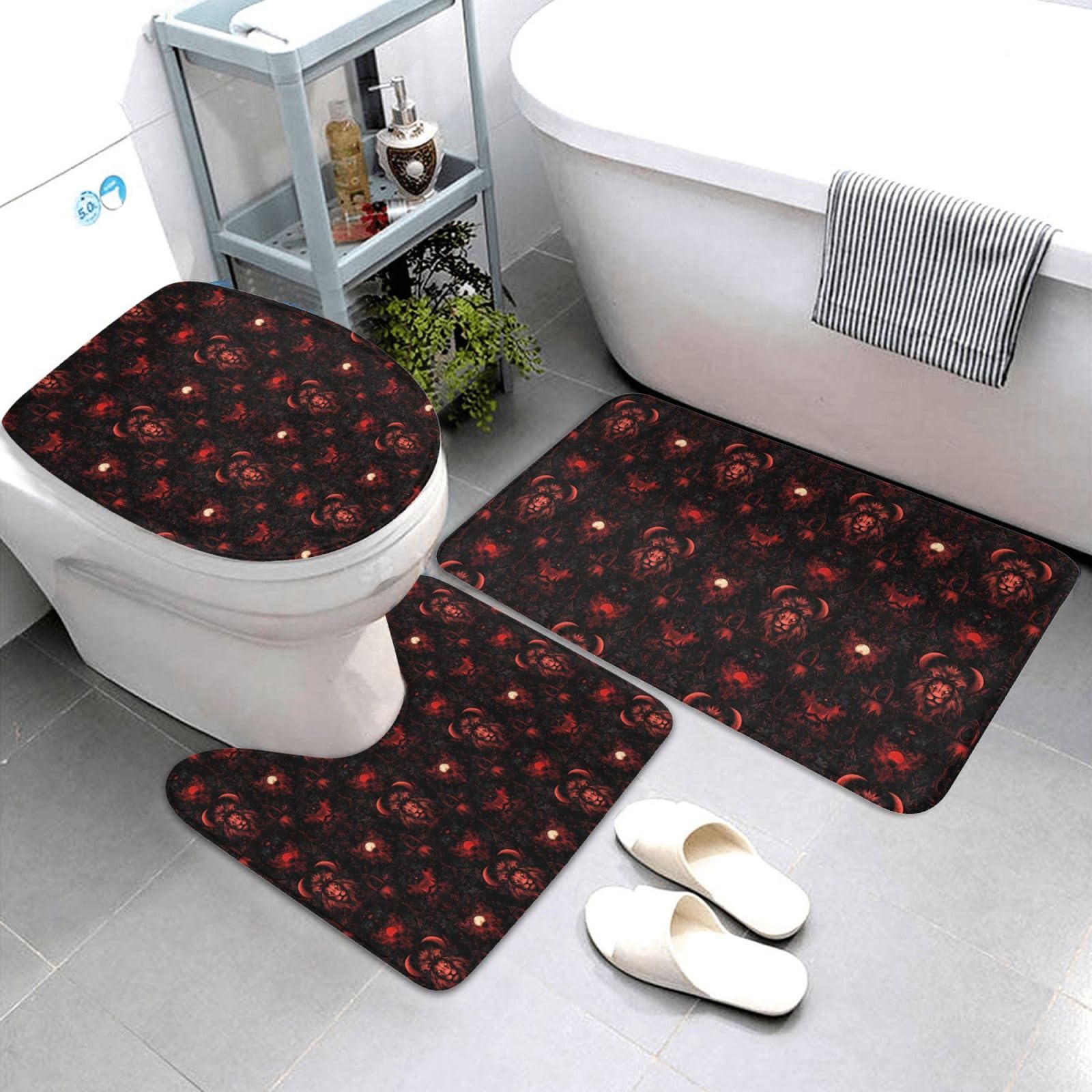 Tapis de salle de bain lavable et antidérapant avec housse abattant toilette U lion
