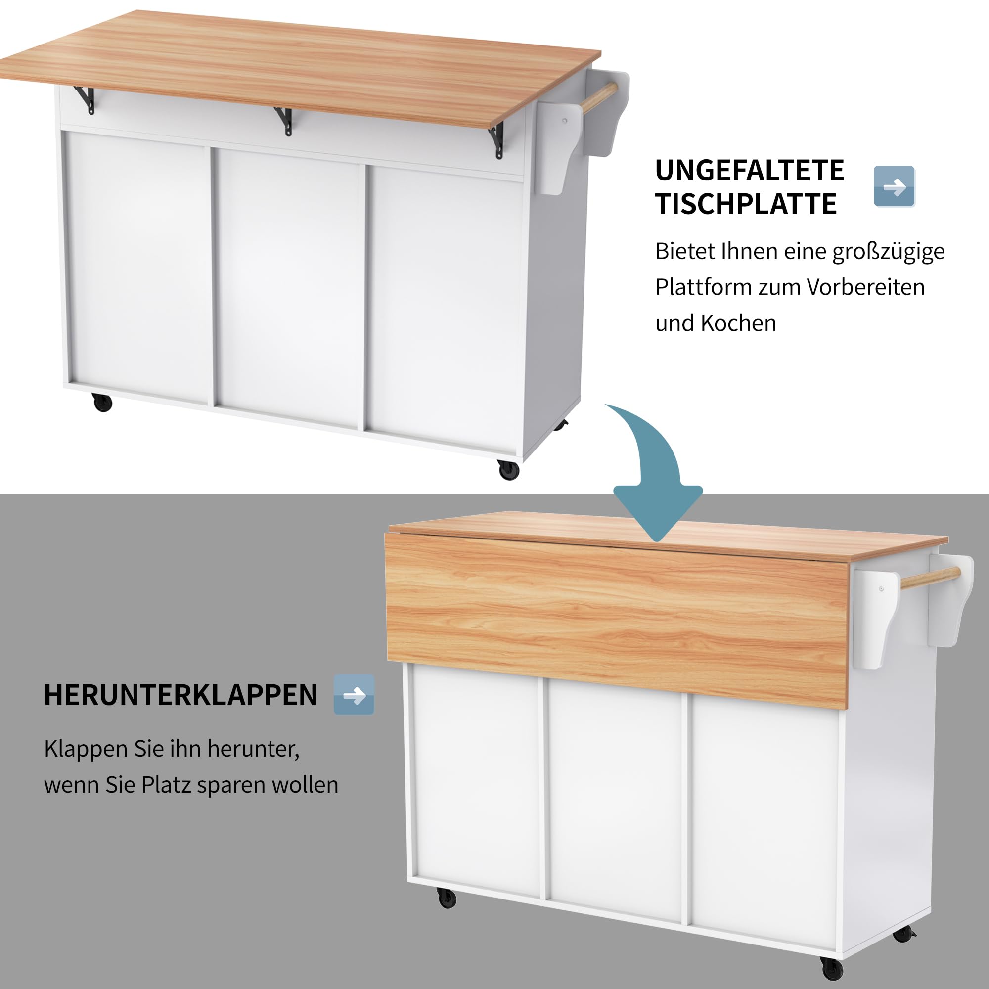 Mobile Kücheninsel mit Handtuchhalter, Küchenrollwagen mit Ausklappbarer Arbeitsplatte für Esszimmer, Wohnzim, Küchenwagen mit Rollen, Beine aus Massivholz, Austauschbar, Weiß
