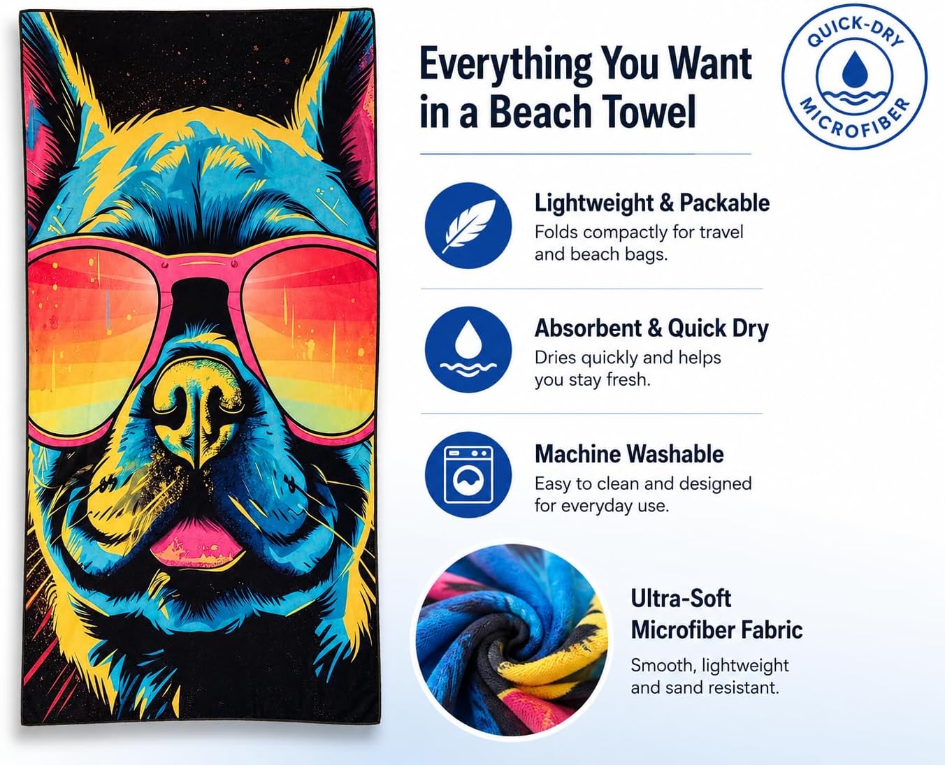 Microfiber Happy French Bulldog in Sunglasses Colorful Beach Towel for Women, Girls, Kids, Men, Plush Beach Towel, Quick Dry Pool Towel Super Soft, Oversized 31x62 Inches