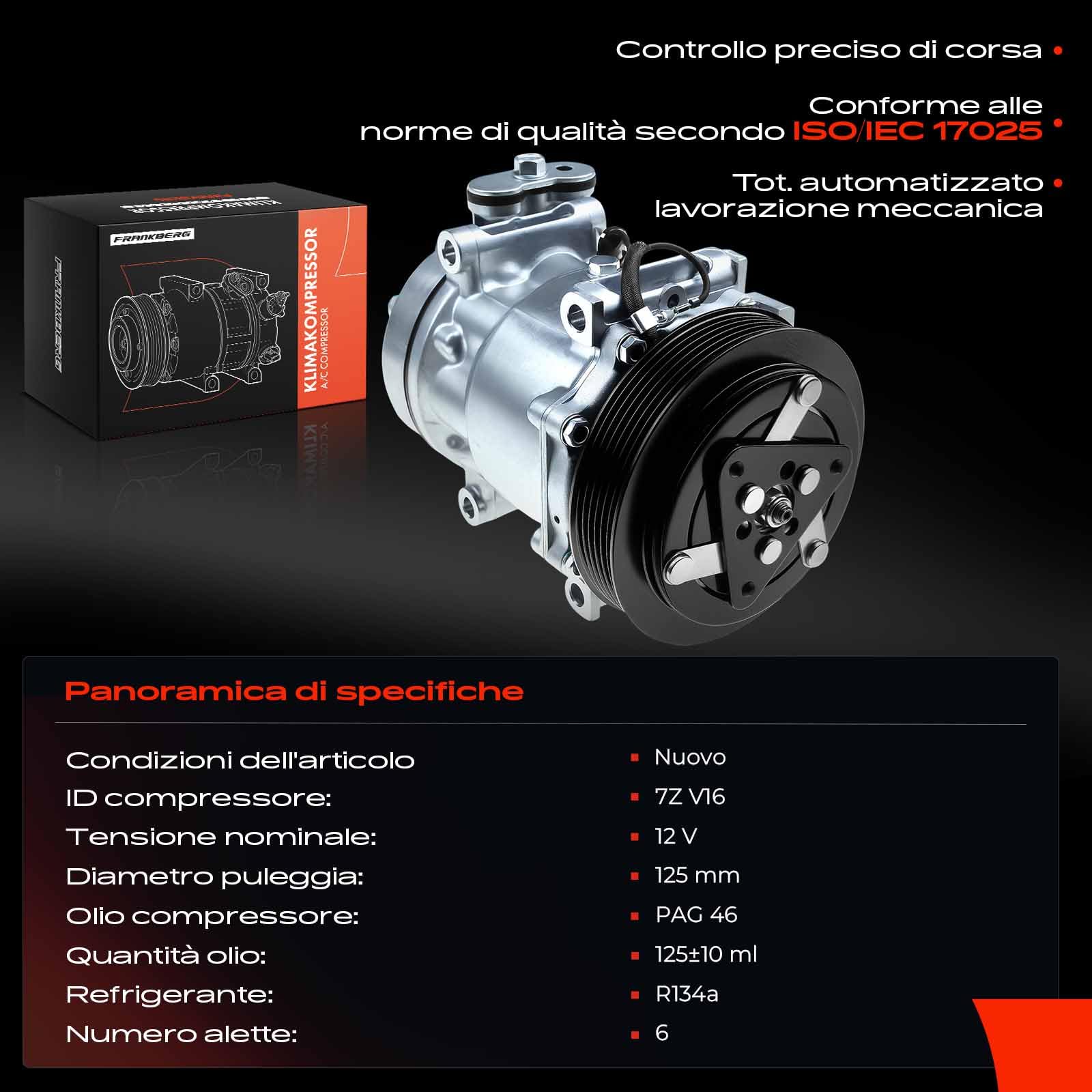 Frankberg Compressore dell'aria condizionata con frizione Compatibile con 147 937 Stilo 192 Stilo Multi 192 Barchetta 183 156 932 GT 937 Coupé 175 Marea 185 60653652, compreso l'olio preconfezionato