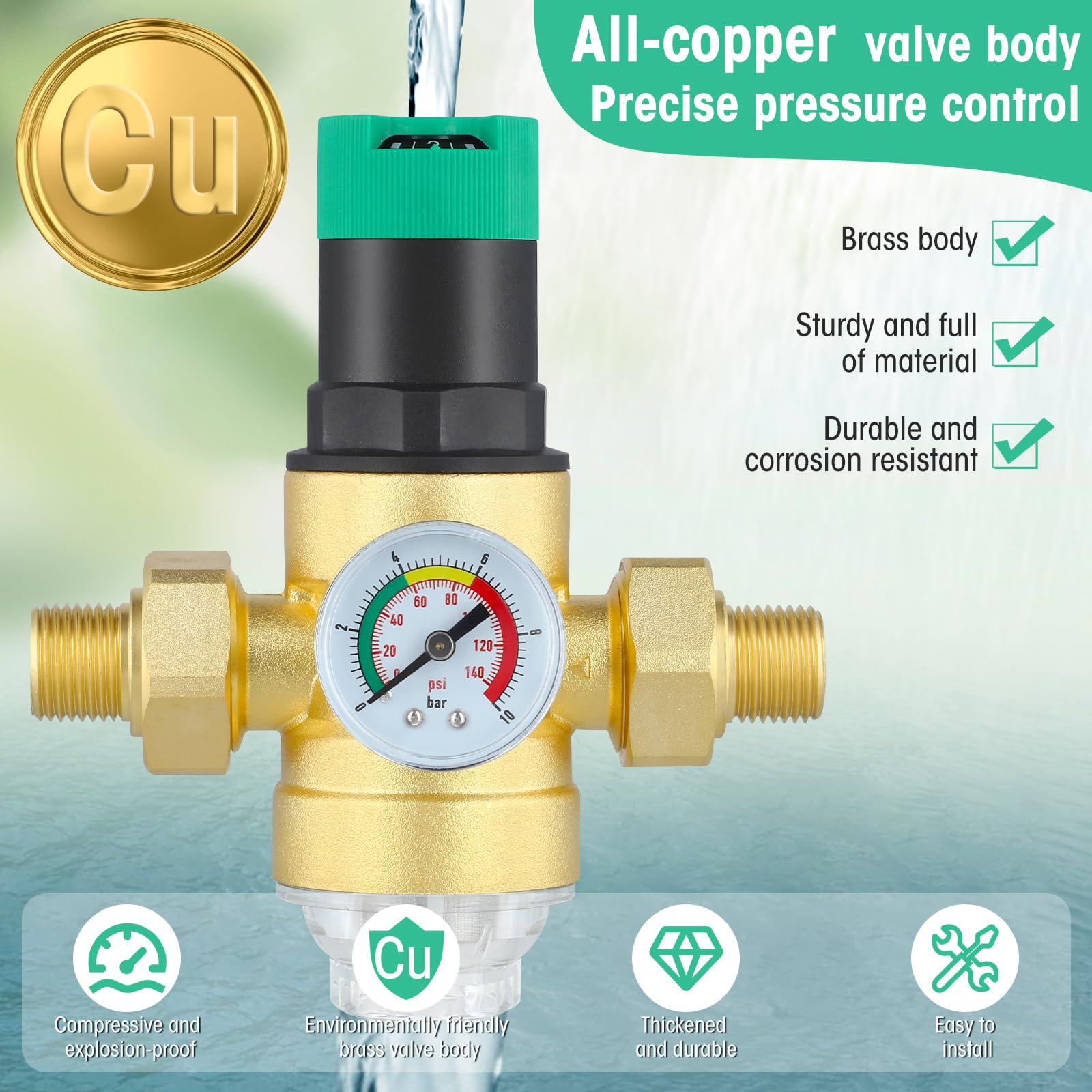 Regulador de presión de agua de 3/4 pulgadas, regulador de presión para agua potable con manómetro y filtro de tamiz, válvula de alivio de presión de agua ajustable para regular la presión