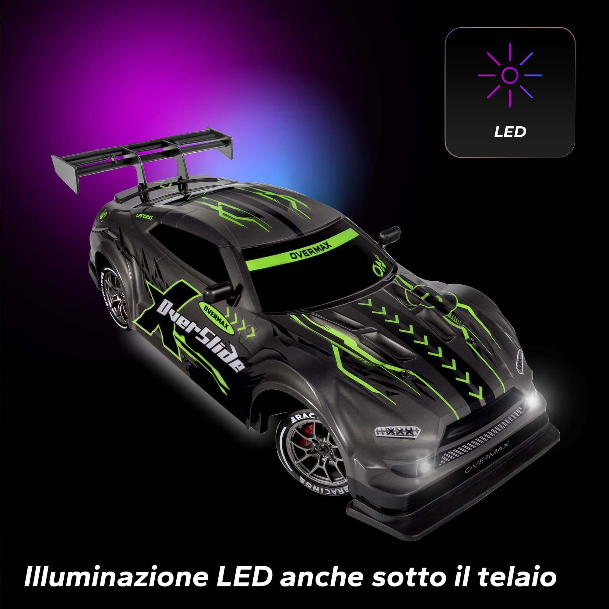Overmax X-OVERSLIDE Macchina Radiocomandata RC per Drift, Macchina Telecomandata per Bambini 8+, 1:16, 20 km/h Portata fino a 80 m, 4WD, 2 Batterie 500 mAh Set di Ruote e Ostacoli Scocca Accessoria