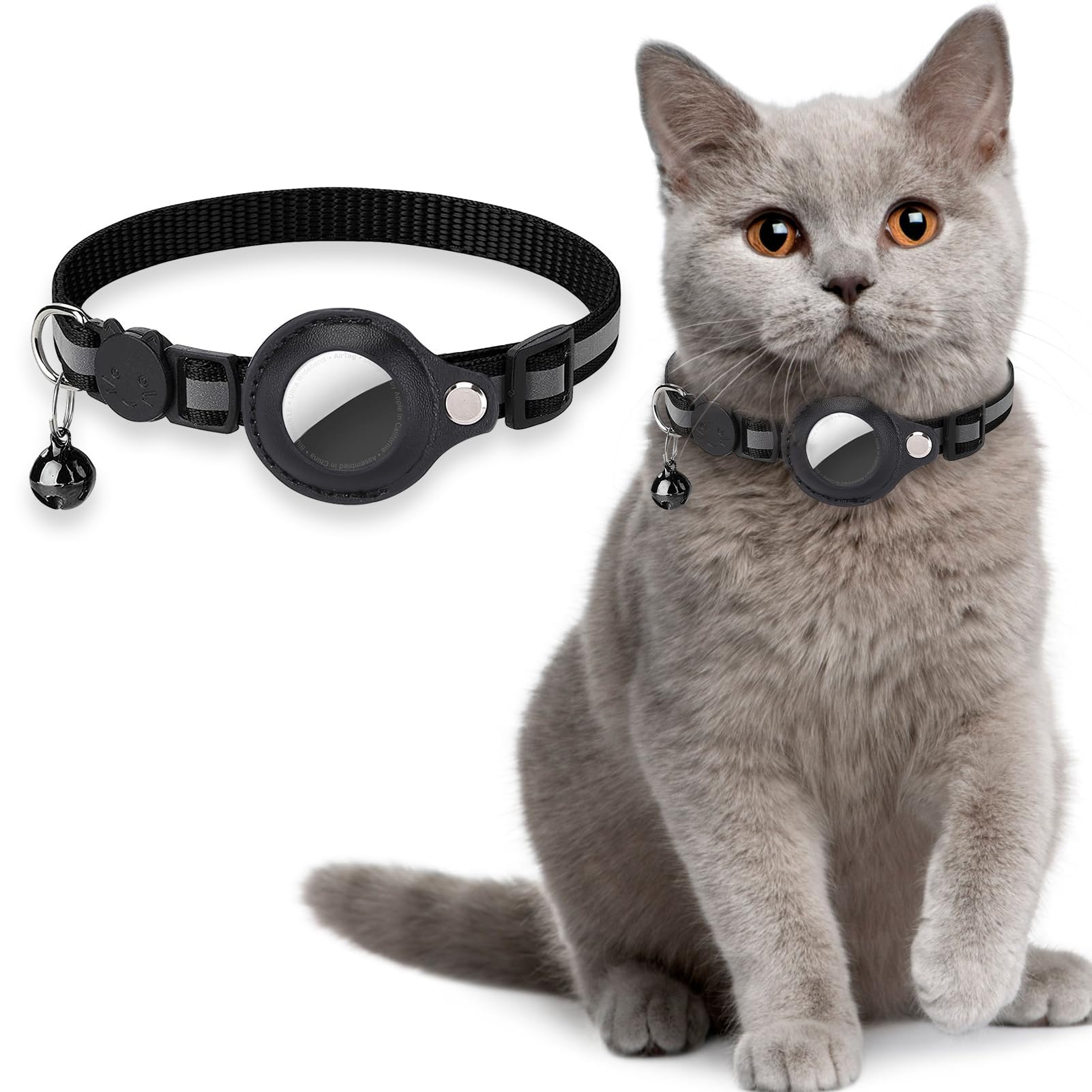 Collar Gato GPS Reflectante con Campana, Rastreador GPS Gatos Antiahogo Hebilla de Seguridad y Banda Elástica para Gatitos Pequeño, Correa Gato Personalizados para Localizador a su Mascota (Negro)