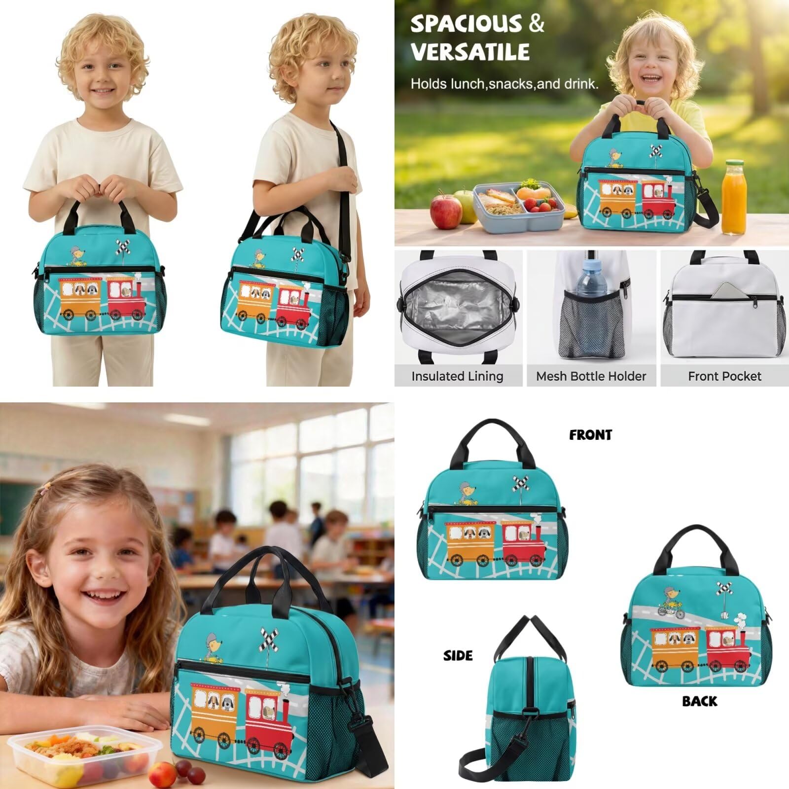 COEQINE Mochila para niños pequeños con fiambrera, juego de 3 bolsas escolares con bolsa de utensilios para niños de 4 a 10 años, Red Train Traffic Teal Sky, M, Diseñador