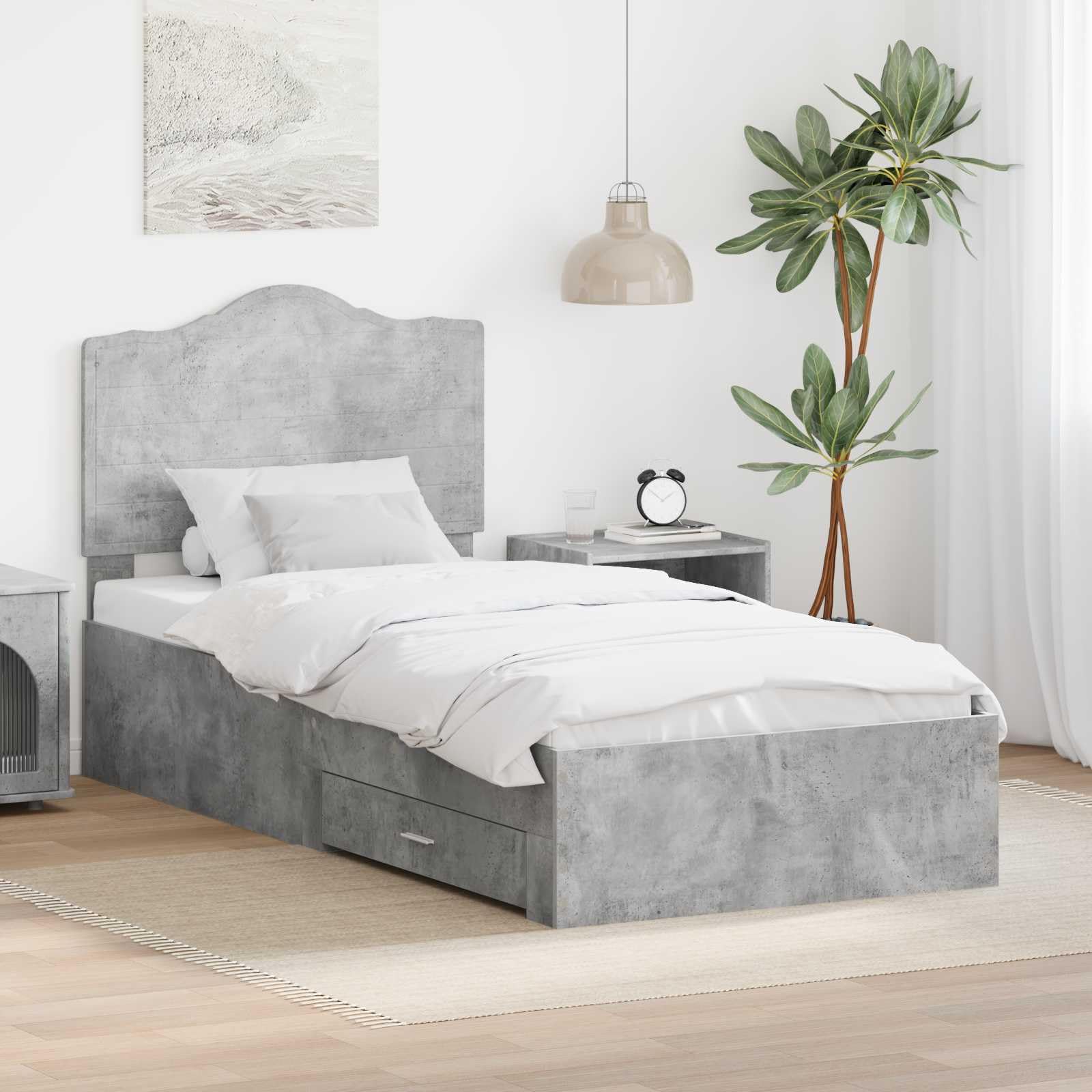 Nowoczesna rama do przechowywania z zagłówkiem, betonowy materiał z szarego drewna, 75 x 190 cm, pojedynczy rozmiar, maksymalna przestrzeń z 2 drawerami, trwała platforma do sypialni