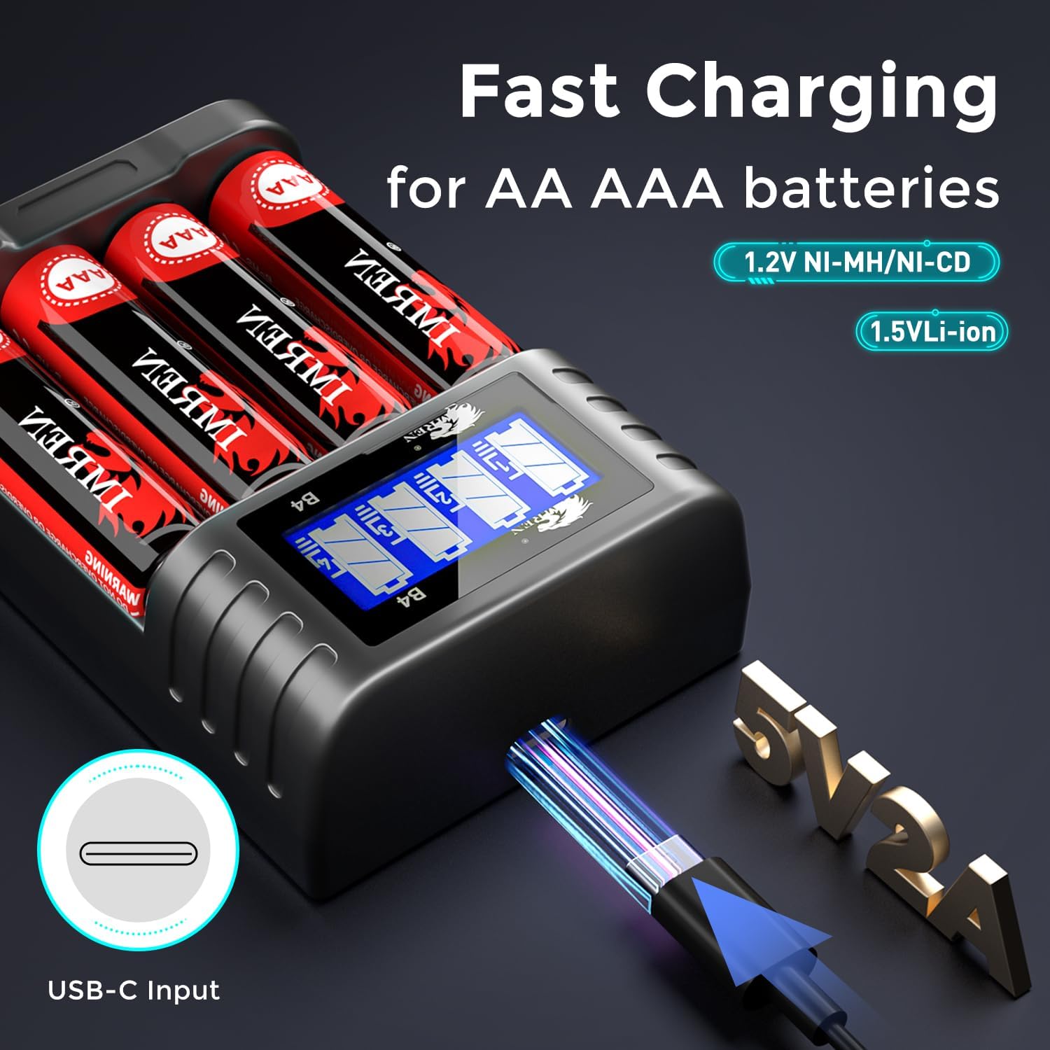IMREN AA AAA Battery Charger, AAA Batteries Charger for 1.2V NiMH/NiCD 1.5V Battery, 5V 2A Type-C Fast 4 Bay LCD Display Rechargeable AA Battery Charger