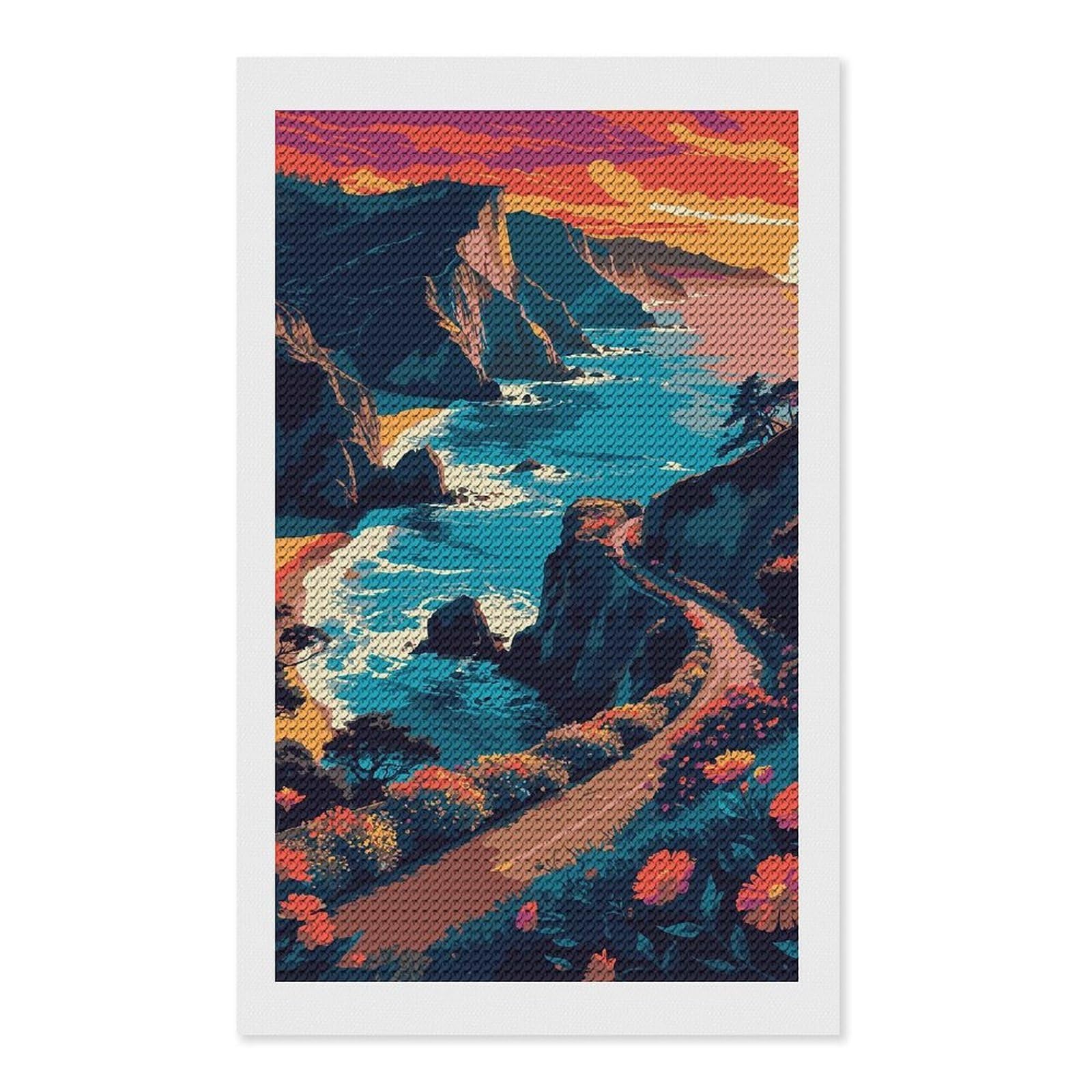 Junmoney Coastal Road at Sunset Round Drill Diamond Painting 12"x20", for Women, Relaxing DIY Hobby, Bedroom Decor, Christmas Gift, Adhesive Canvas