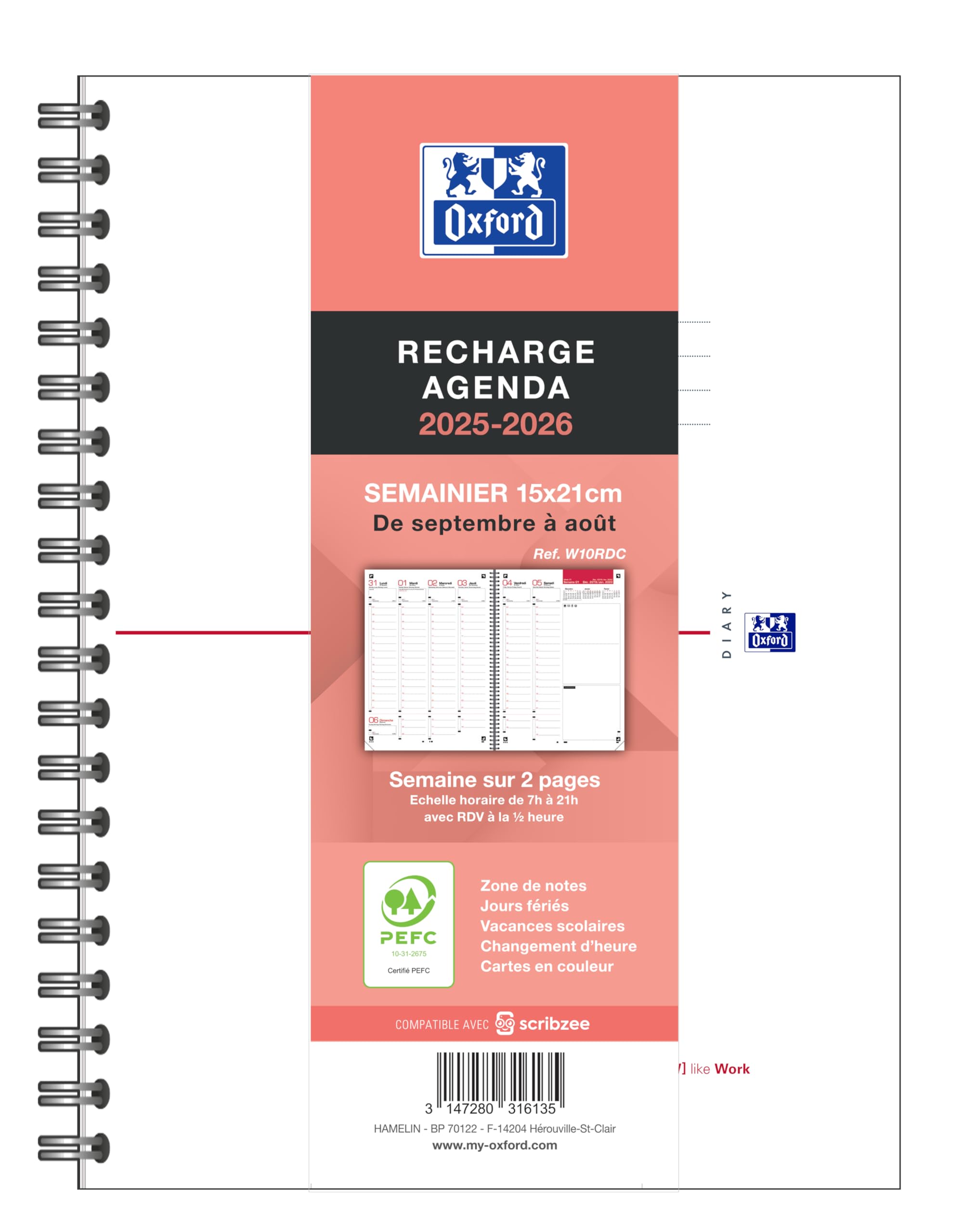 Oxford Agenda Semainier Recharge Septembre 2026 Août 2027 15x21 cm Reliure Spiralée