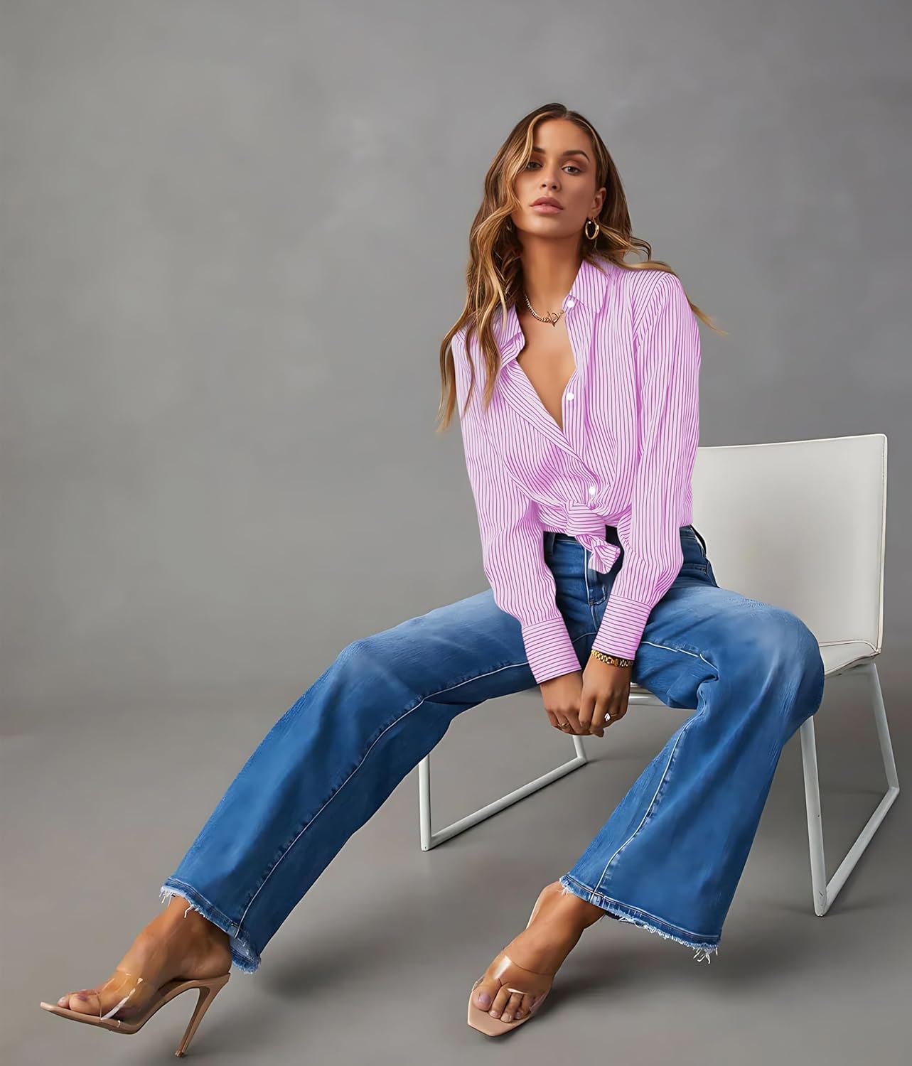 OMSJ Women’s Striped Button Down Shirts Casual Long Sleeve Stylish Collared Office Work Blouses Tops - Image 4