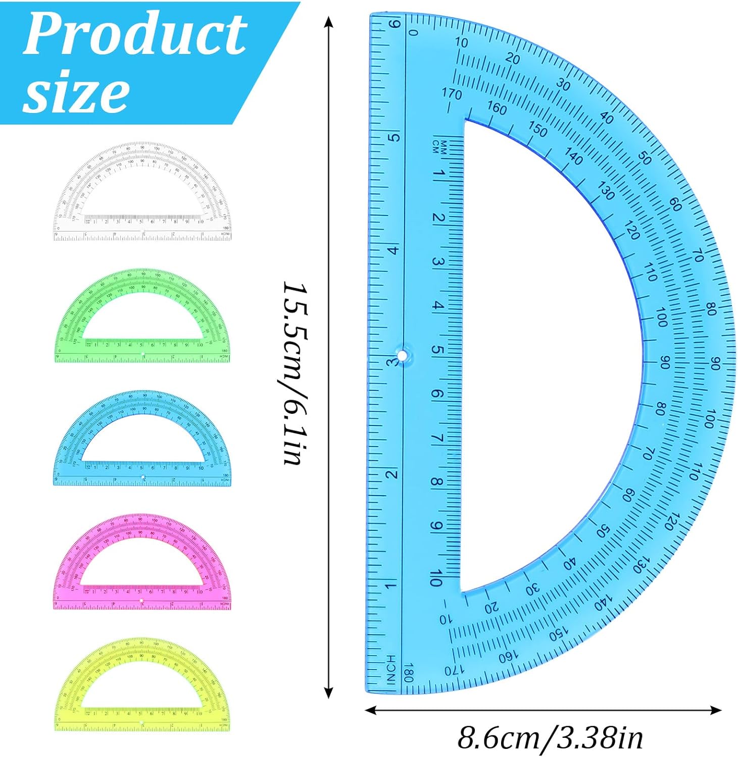 100 Pieces Protractors Bulk Plastic 180 Degrees 6 Inch Translucent Protractors for Geometry, Angle Measurement, 5 Colors