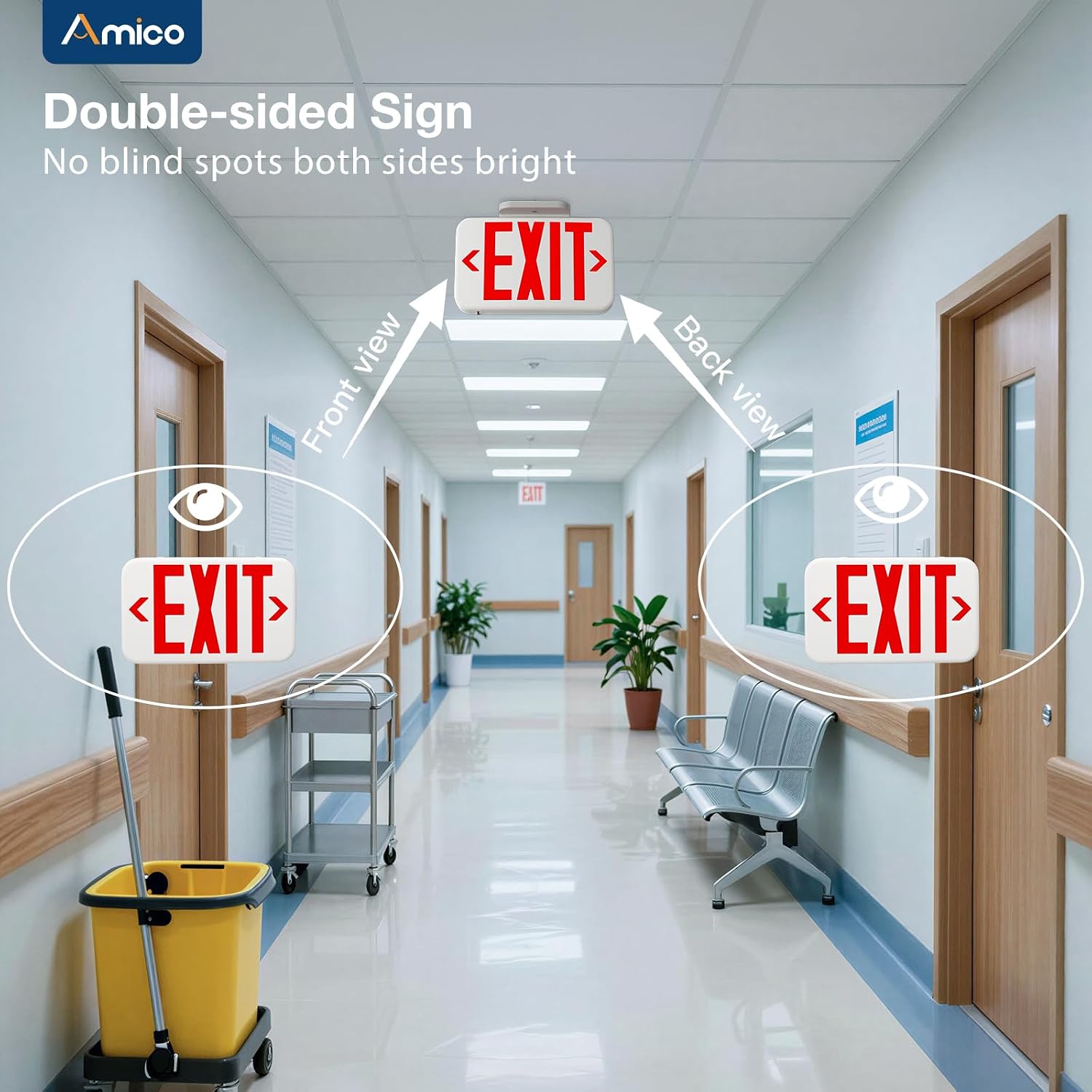 Amico 12 Pack Commercial Red Double-Sided LED Exit Sign For Triple Mount | UL924 Listed, Flame Retardant, Wall/Ceiling/Back Mount, Hardwired 120/277V AC, 90 Min Backup, High Vis Red Lettering