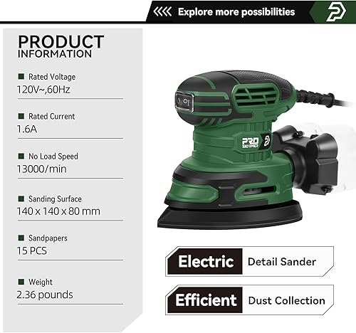 Miniatura 2 de Prostormer Lijadora de Detalles, Lijadora de Ratón de 13000 RPM, Lijadoras Eléctricas de Palma de 1.6A con 15 Piezas de Papel de Lijar, Caja de