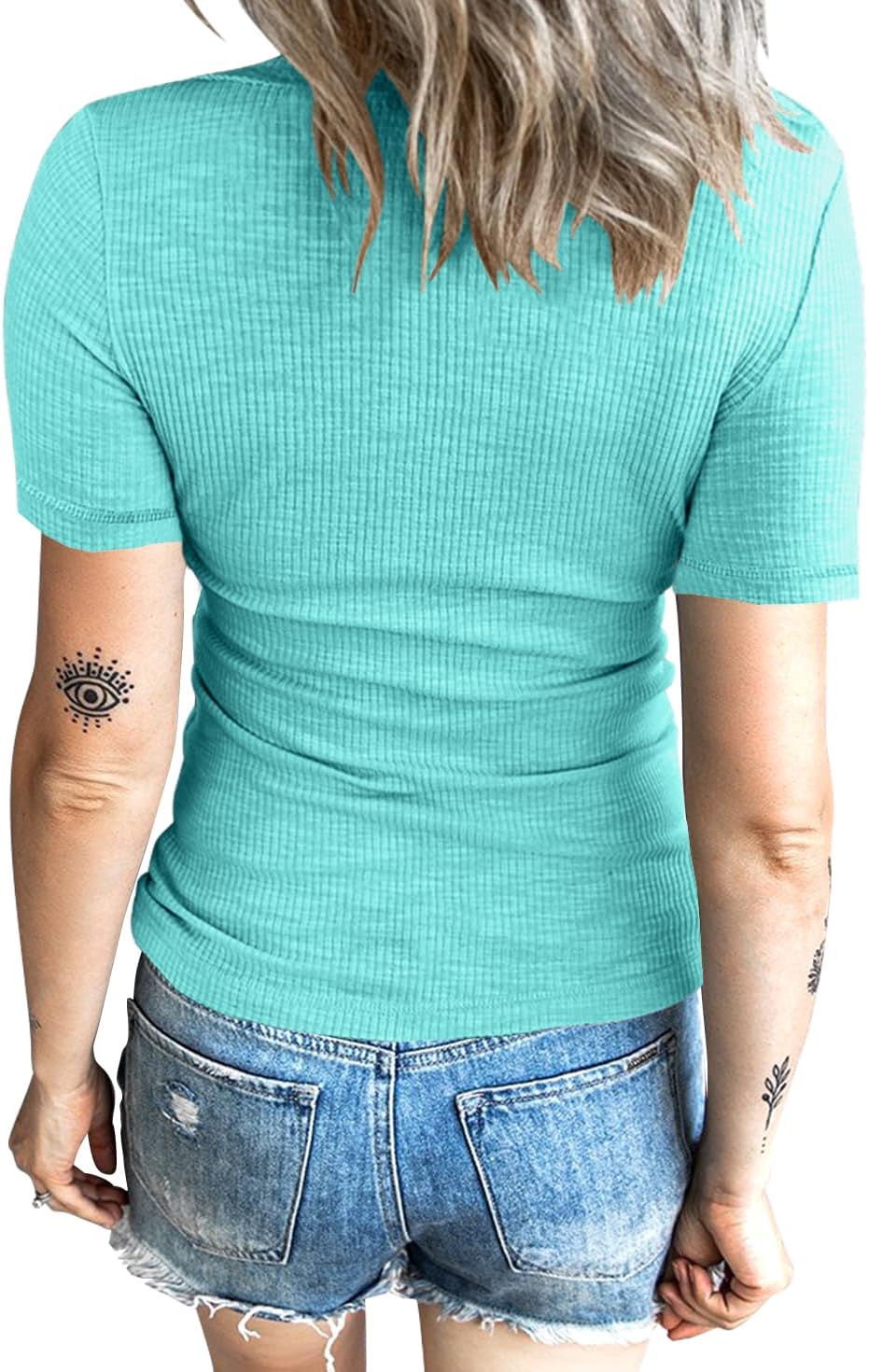 KINLONSAIR Women’s Short Sleeve Henley T Shirts Button Down Slim Fit Tops Scoop Neck Ribbed Knit Shirts - Image 2