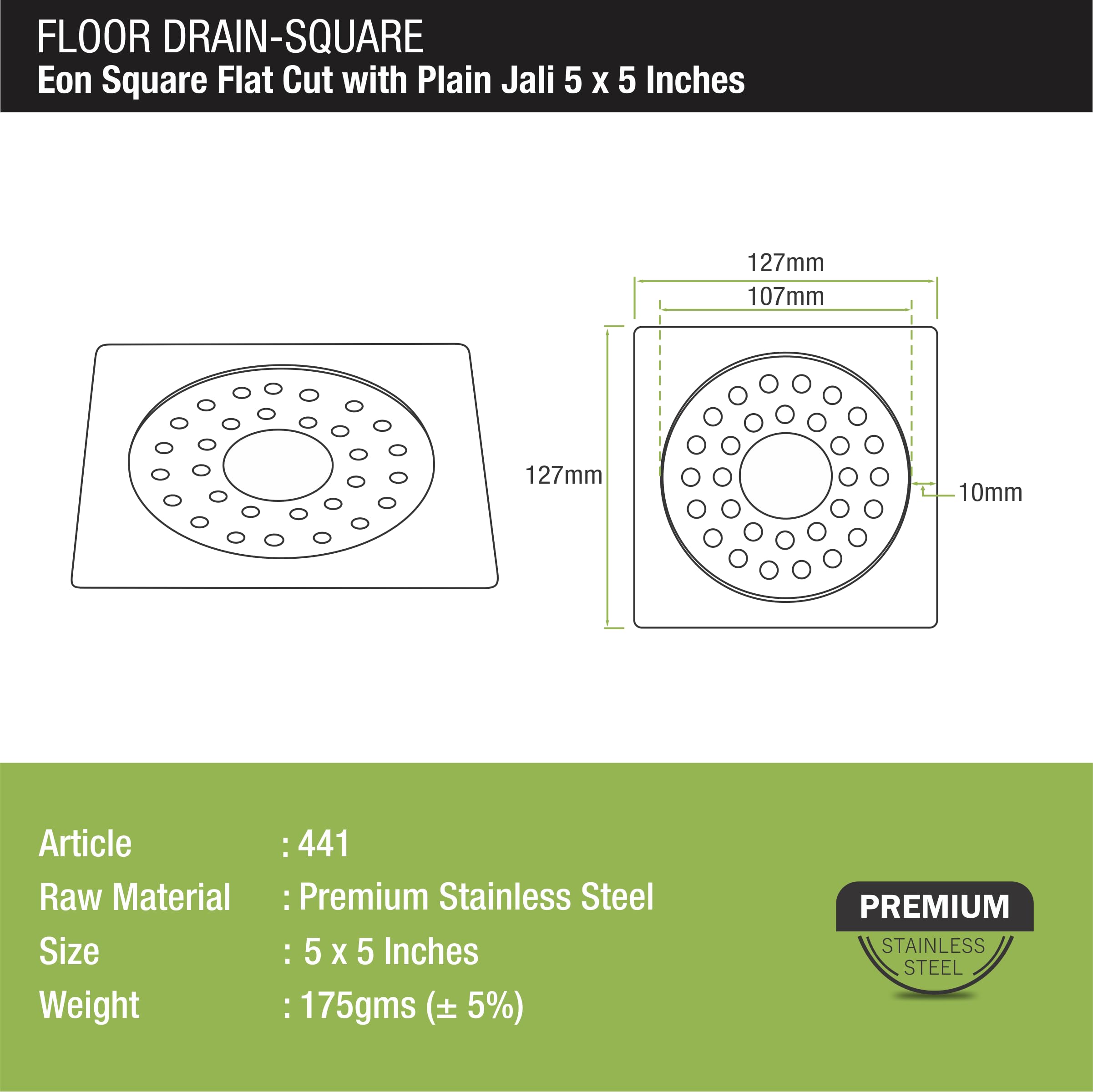 LIPKA 5 x 5 Inches Eon Square Flat Cut Plain Jali Floor Drain with Hole | Premium Stainless Steel | Floor Drain for Bathroom Silver — Amazon image 2