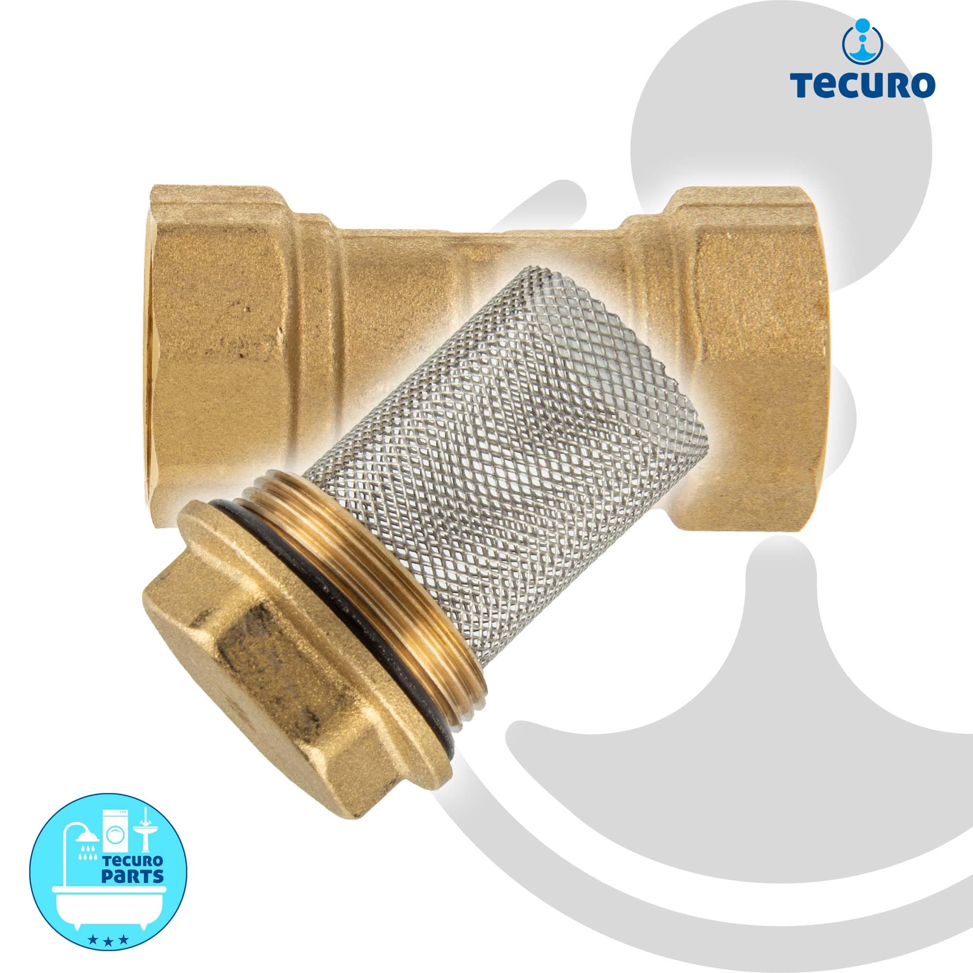 tecuro Schrägsitz-Schmutzfänger G 1 Zoll (DN 25) mit Edelstahlsieb 0,5 mm Maschenweite, Messing