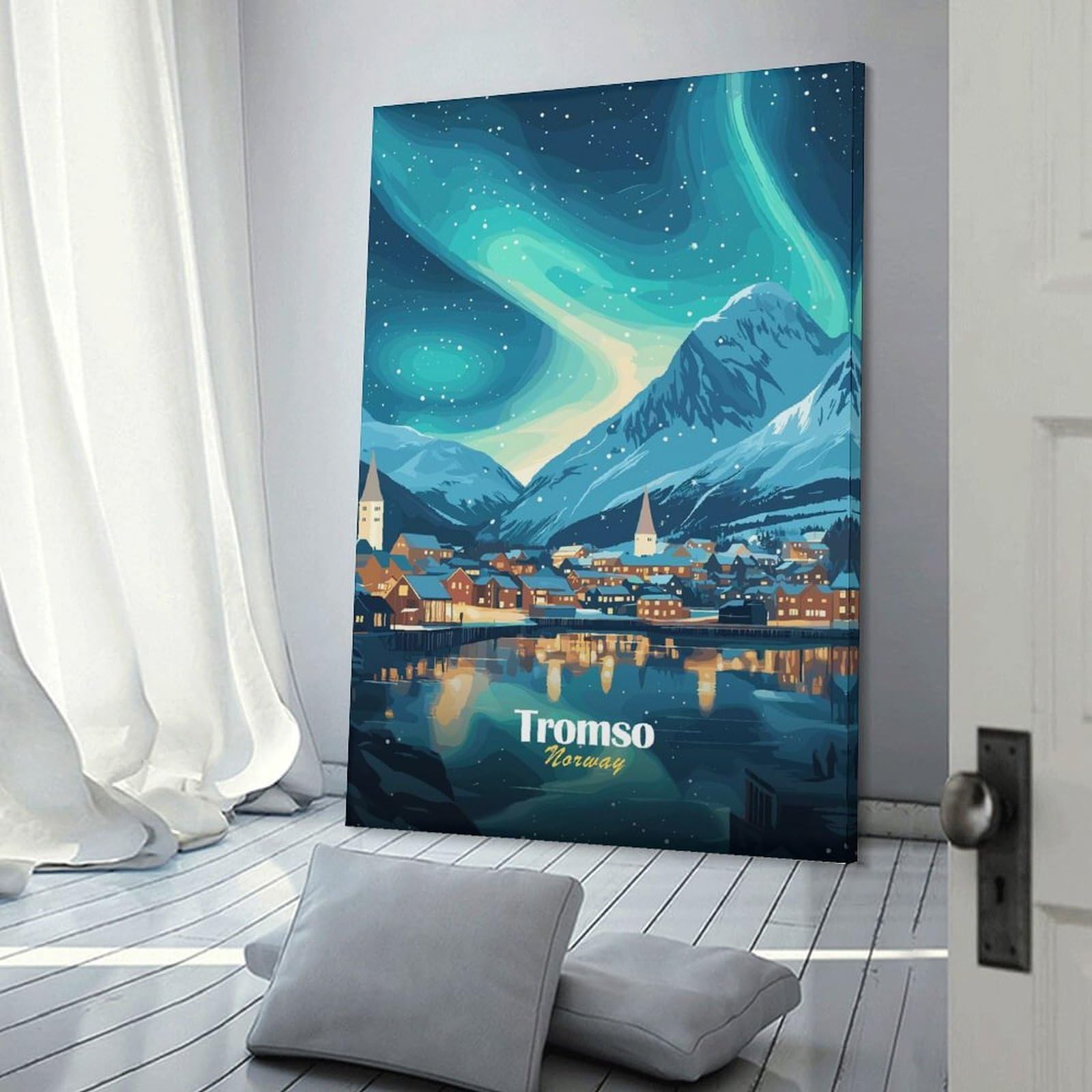 Junmoney Tromso, Norway Night Sky Room Decor Wall Art, 24x36inch(60x90cm), for Hallway, Lounge Or Guest Room, Gift Idea for Housewarming And Birthdays