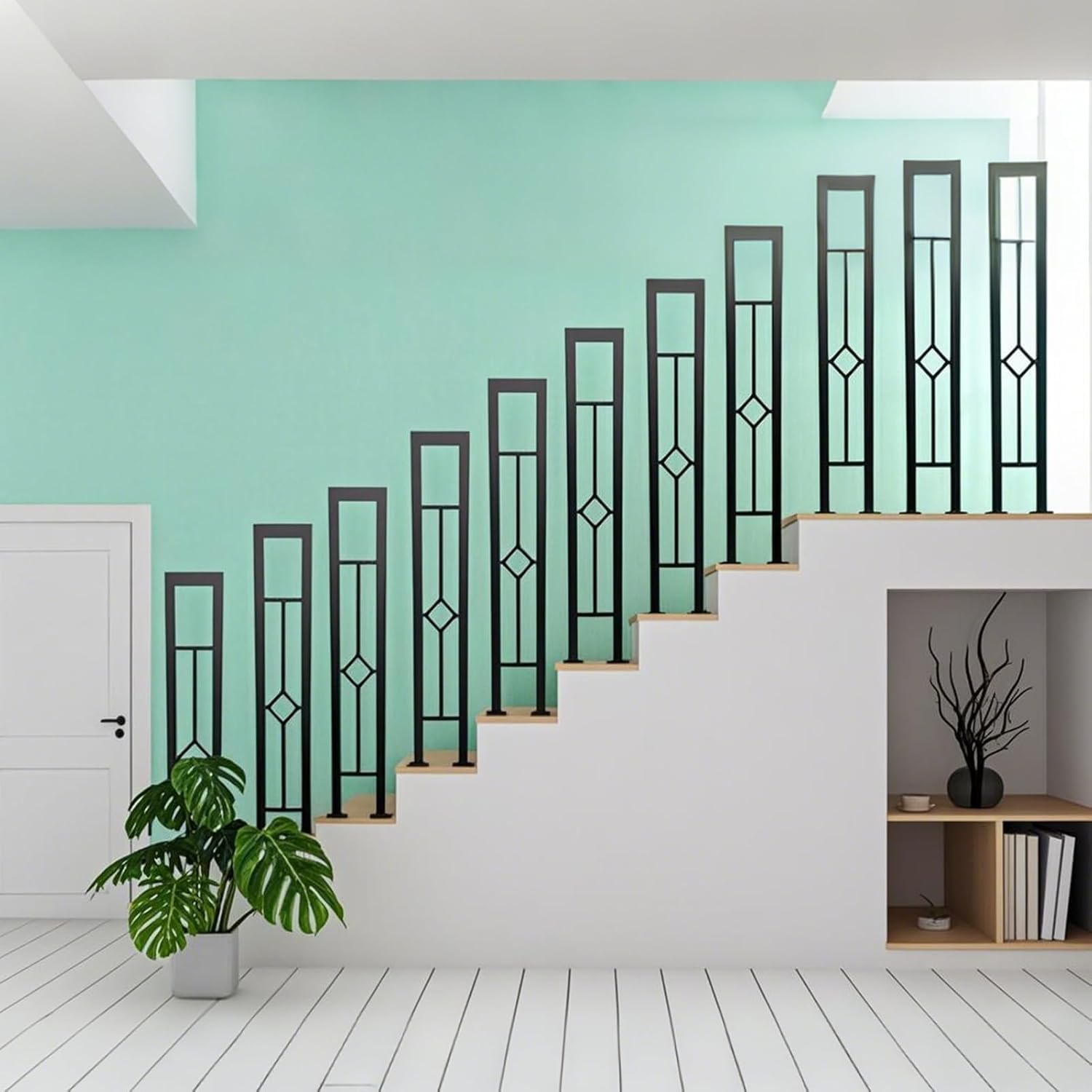 2Pcs 35.4in U-Shaped Stair Handrail, Matte Black Hand Rail with Rhombus Pattern, Wrought Iron Outdoor Stair Railing for Porches, Decks, Fences, Black Black Rhombus