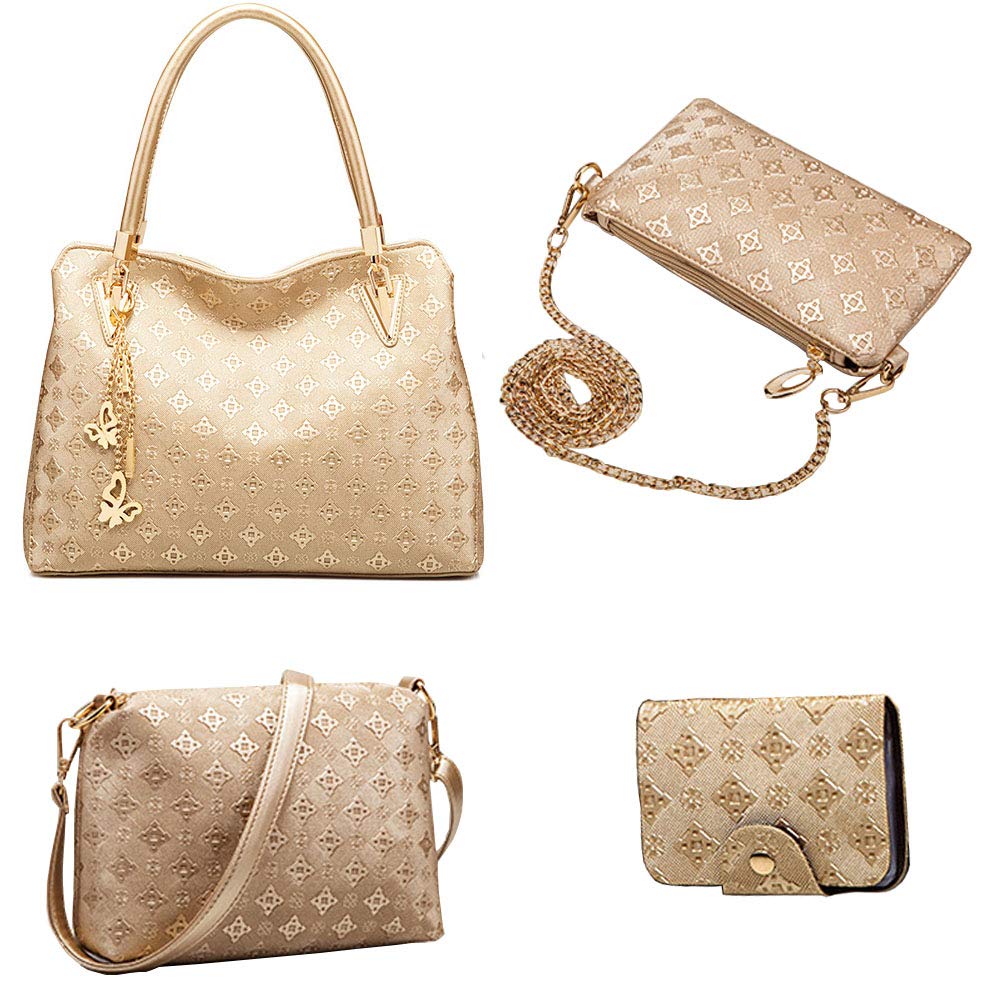 Bolso de mano de PU para mujer, bolso de mano, bolso de hombro con estampado de borlas, asa superior, titular de la tarjeta de embrague, Oro 3