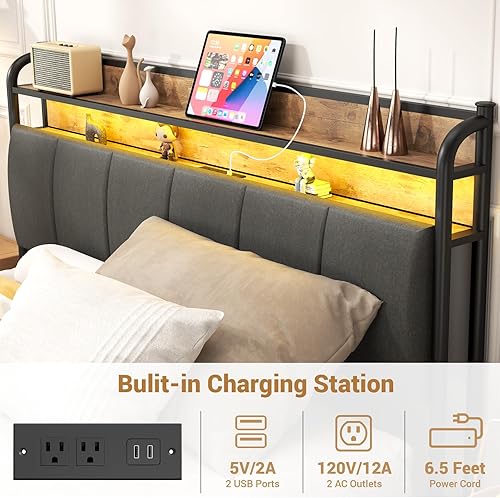 Miniatura 5 de Base de cama LED individual con estación de carga, cama de plataforma de tamaño individual con luces LED RGB, cabecera de almacenamiento de 2