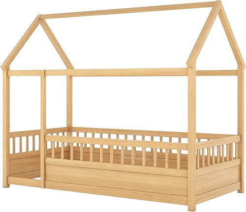 Miniatura 115 de Bellemave Cama Montessori de madera con valla y techo para niños, marco de cama individual para niños, niñas (individual, blanco)