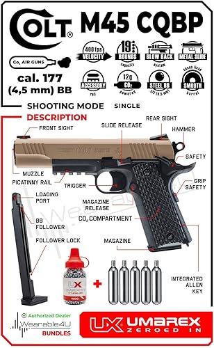 Vista 4 de Wearable4U Umarex Colt M45 CQBP Pistola de aire de metal Slide .177 BB CO2 Airgun Semi Auto Blowback Bundle
