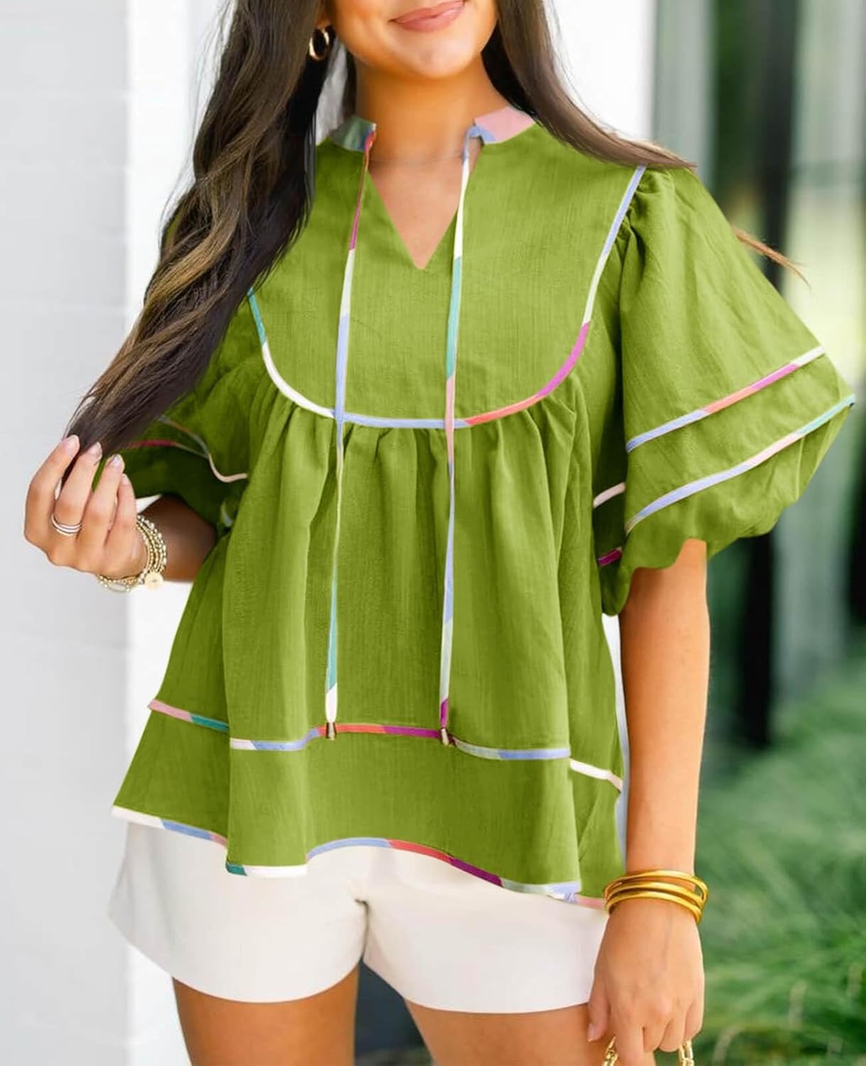 Cicy Bell Women Summer Babydoll Tops V Neck Short Sleeve Flowy Shirt Blouse image 3