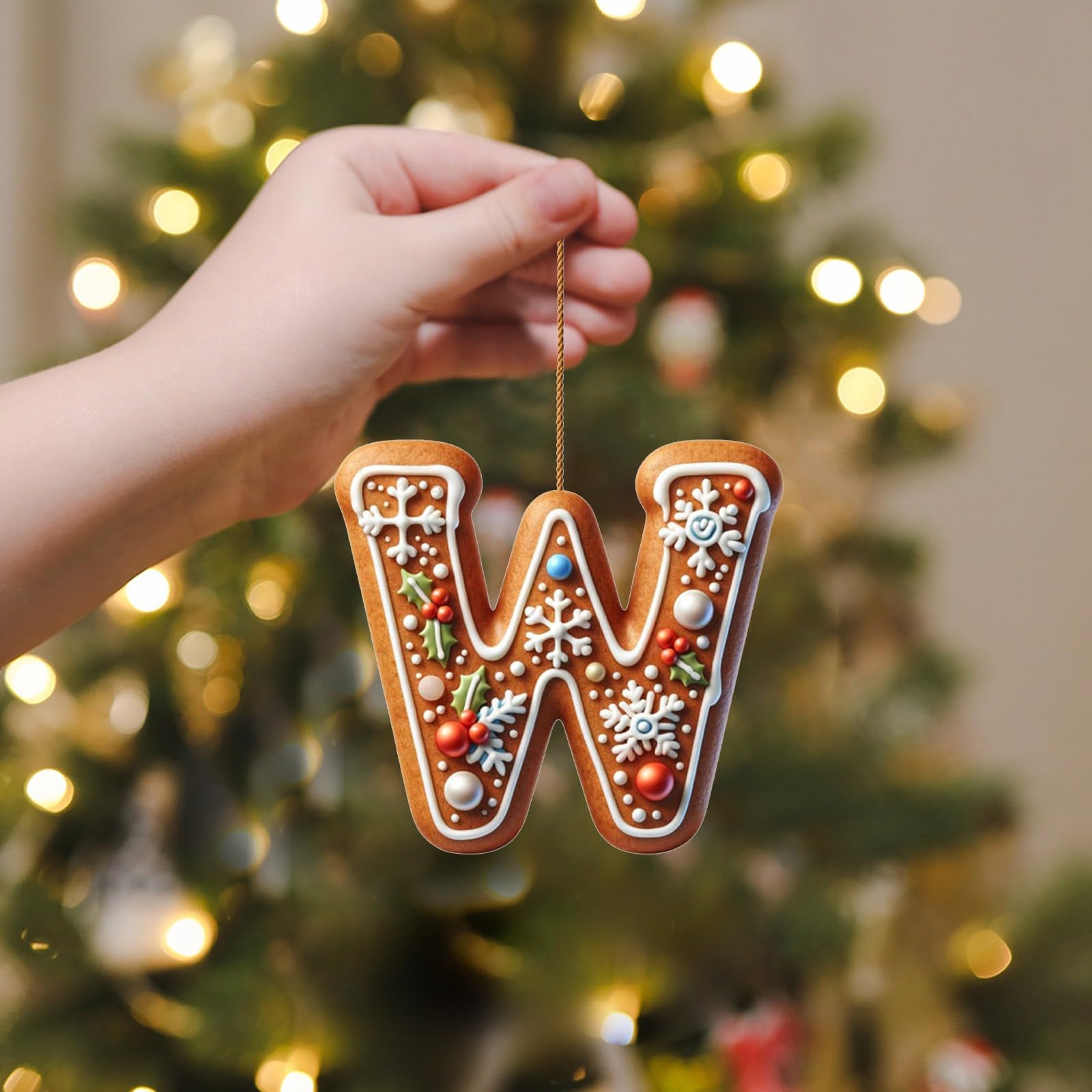 Corlidea A-Z 26 Gingerbread Alphabet Ornaments for Christmas Tree Decorations, Candy Cane Initial Letter Xmas Pendant with Berries Pattern, Christmas Tree Hanging Ornaments DIY for Home Party Decor