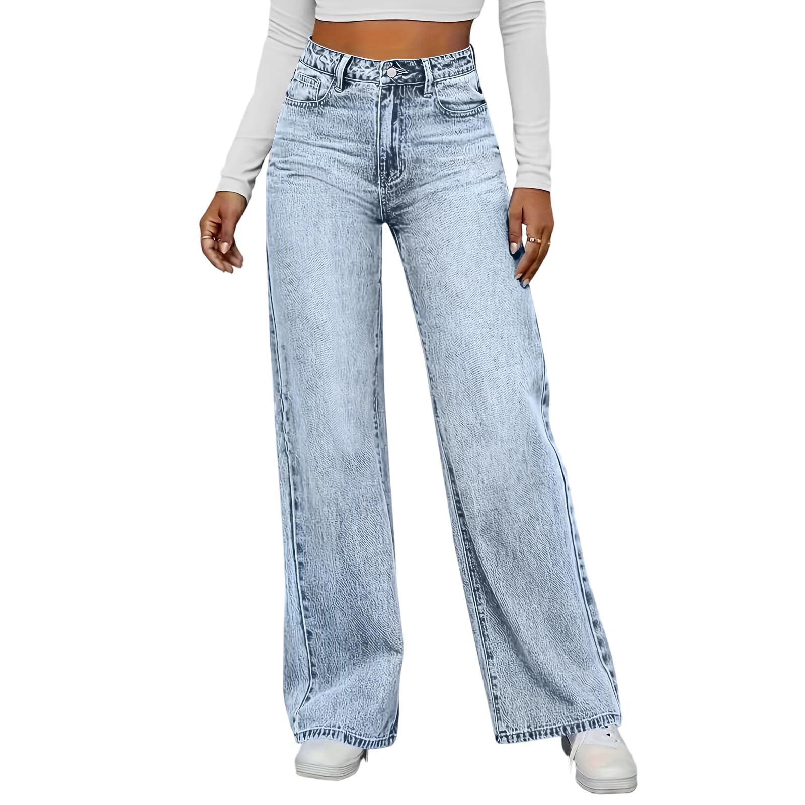 Jean jambe large taille haute extensible avec poches coupe flatteuse sans bouton