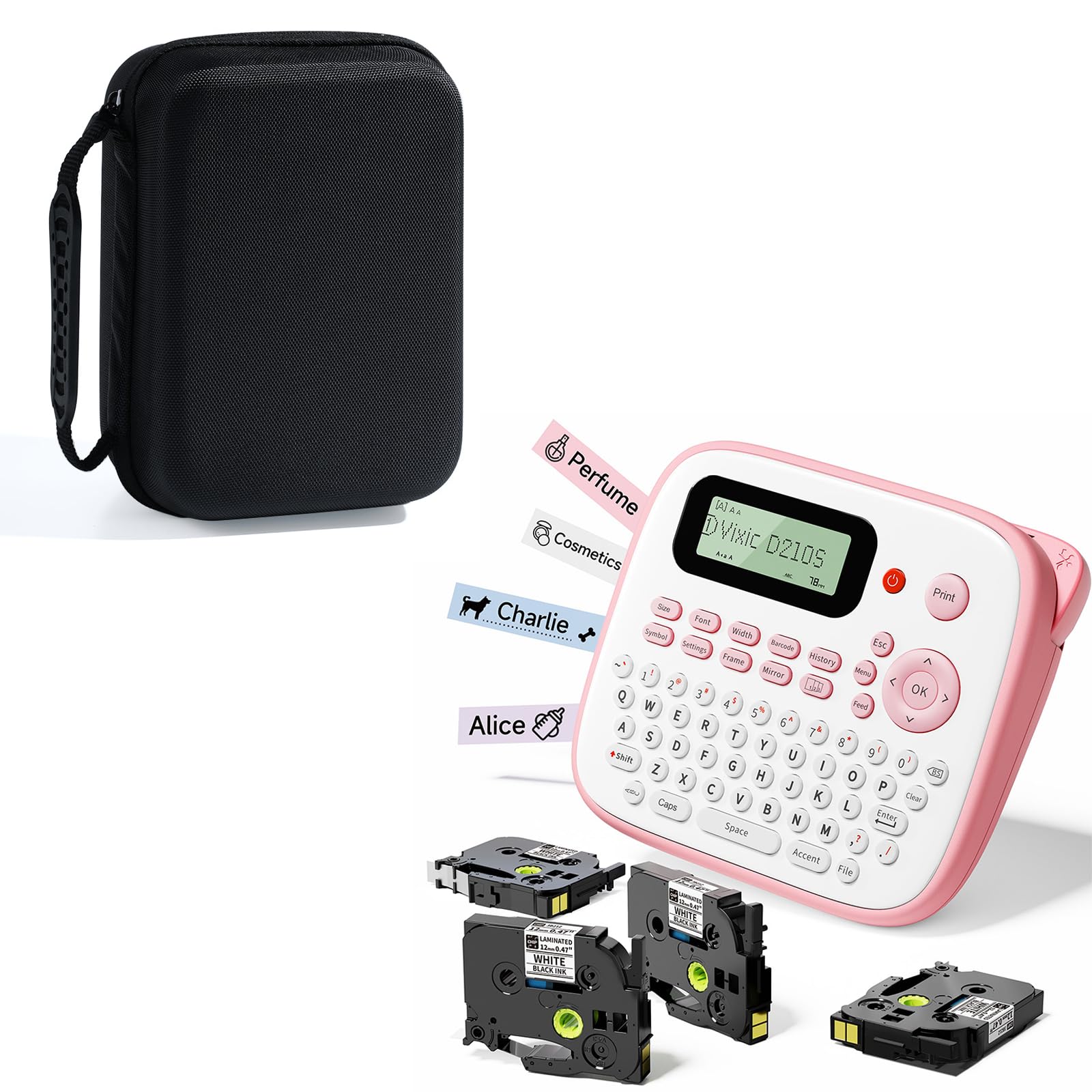 Diagram showing three easy steps to use the Vixic D210S label maker: 1. Click on 'Switch' (Power button), 2. Keyboard Input, 3. Click on 'Print'.