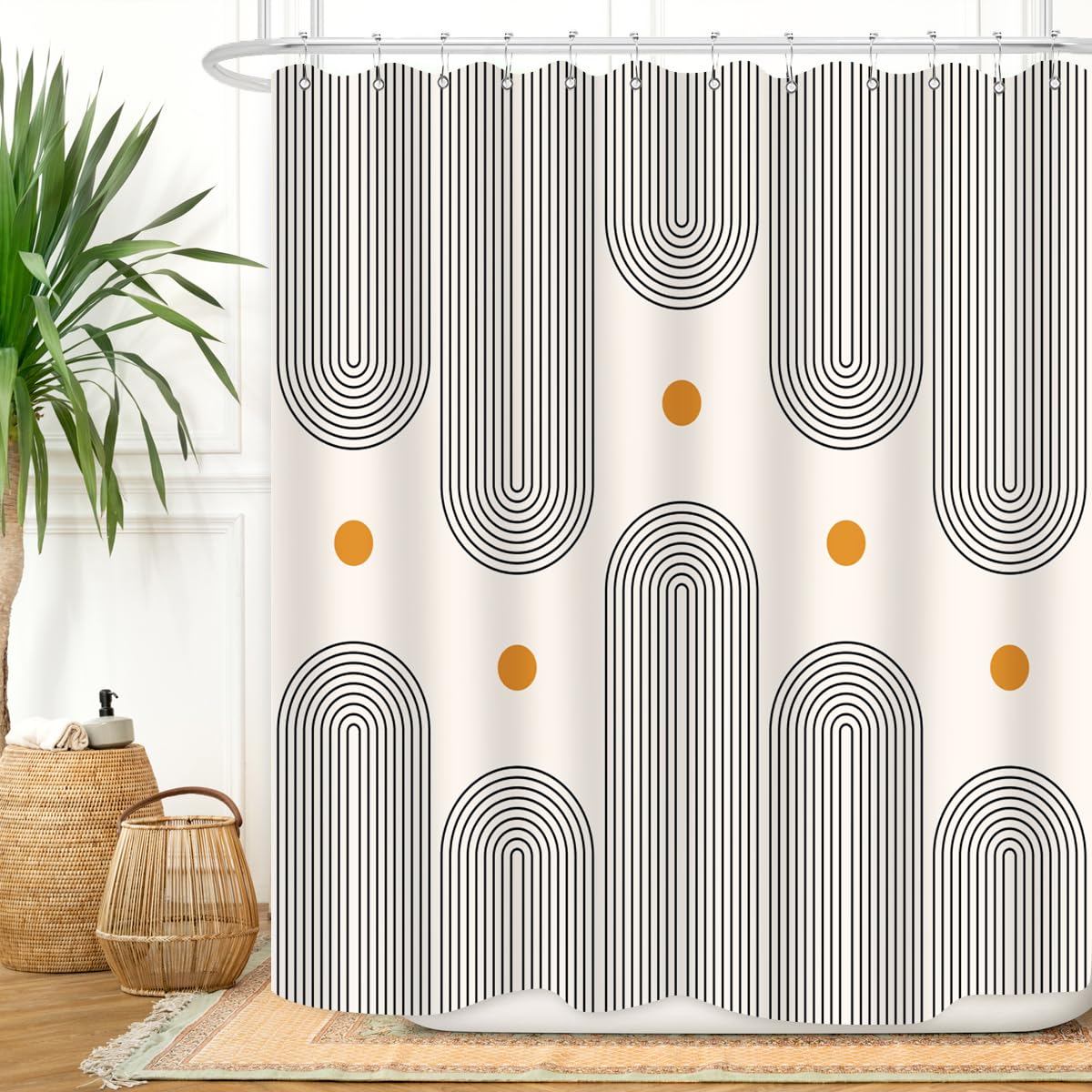 ZXMBF Mid Century Shower Curtain Boho Minimalist Abstract Arch Sun Simple Lines Geometric Modern Beige Bathroom Decor Waterproof Fabric 72Lx60W Inch