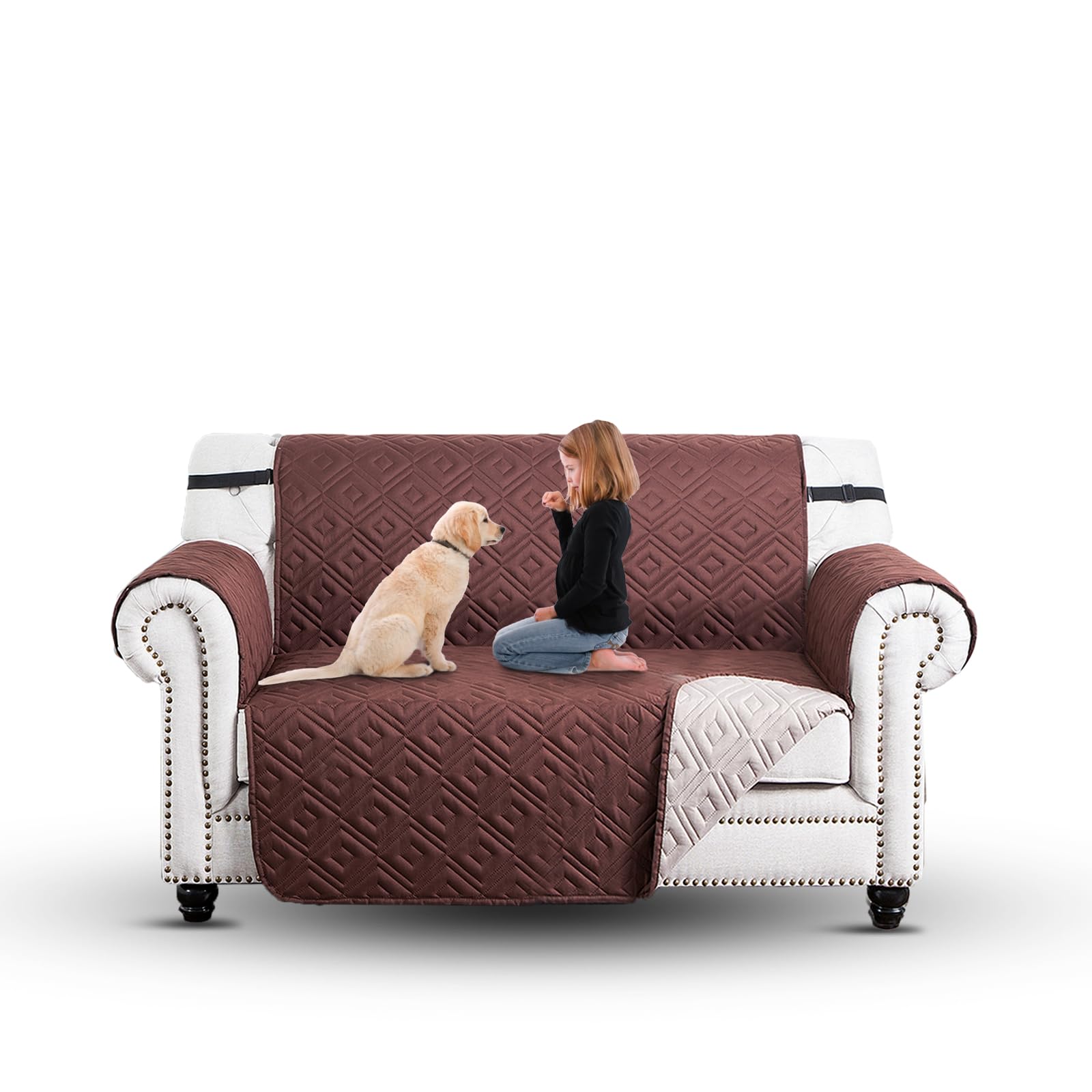 Moonlight Bedding Brown-Beige Quilted Sofa Covers 2 Seater Water Resistant Sofa Slipcovers - Reversible Non Slip Couch Sofa Cover For Dogs, Washable Furniture Protector With Elastic Strap (Loveseat, Brown/Beige)