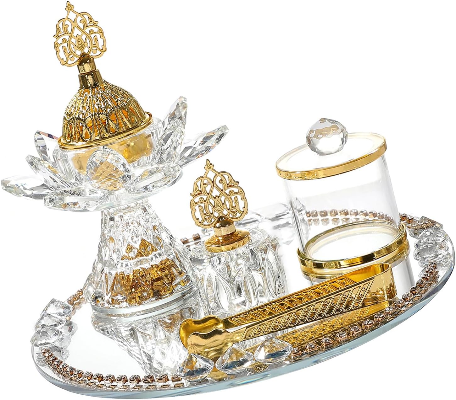 Glass Incenses Holder Set with Golden Arabic Pattern Flower Burners and Mirrored Tray Jar Tongs Spiritual Gathering Kits Ramadans Incenses Holder