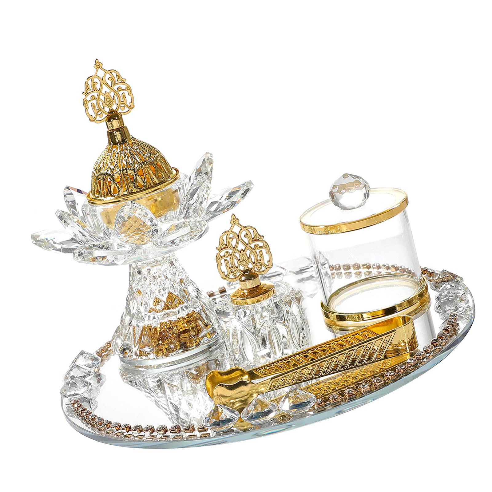 Buxuaaaa White Glass Incenses Burners Set With Mirrored Tray Arabic Styles Flower Design For Ramadans Meditations Decorations Middle Eastern Incenses Burners Set