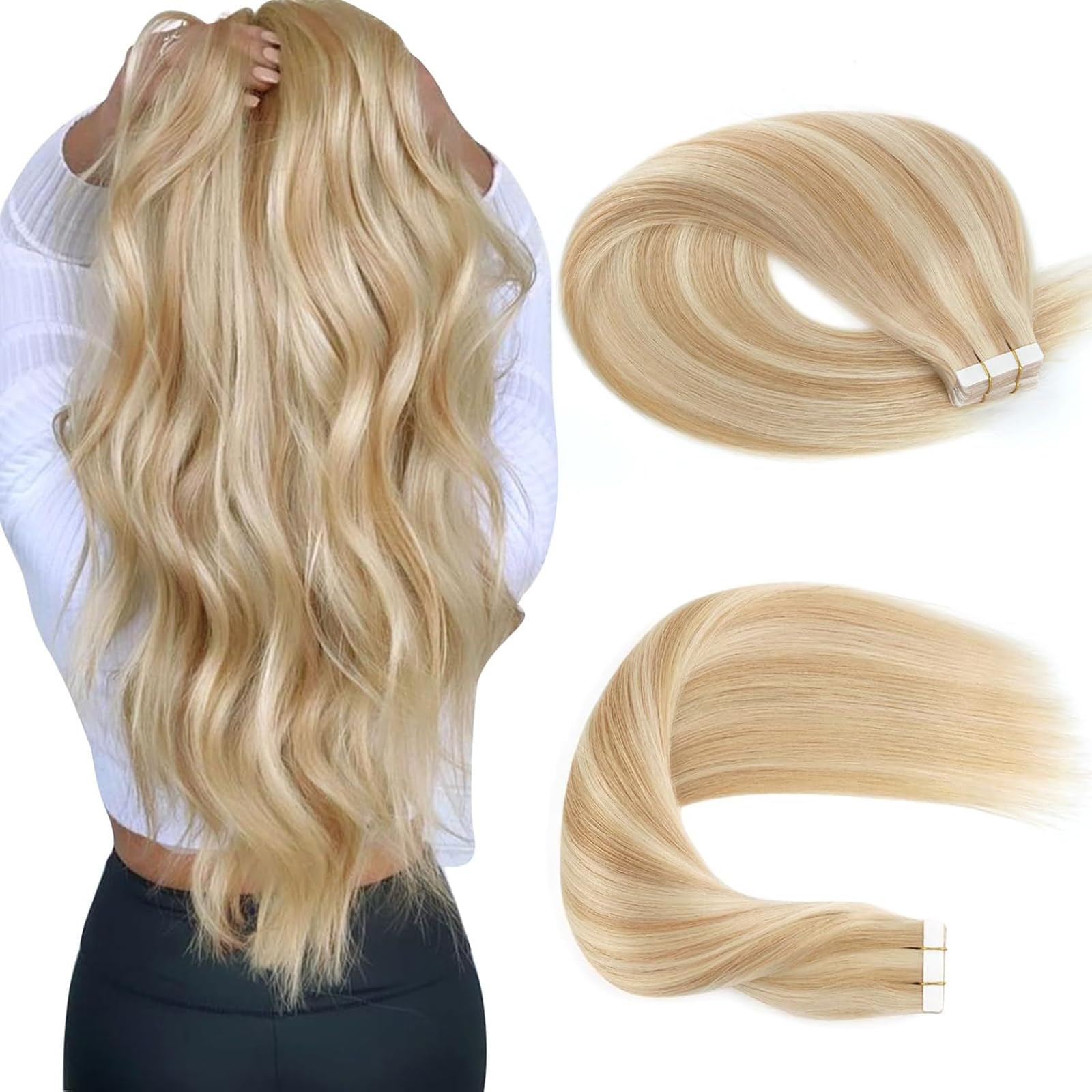 Sassina Semi-permanent Real Tape in Human Hair Extensions Remy Hair Double Sided Skin Wefts Mixed Color Two Tone Dirty Brown Mixed to Platinum Ash