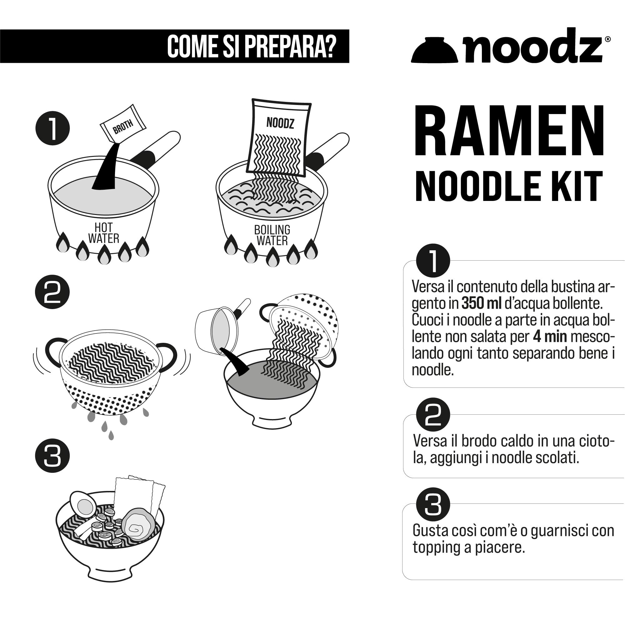 Noodz Ramen kit Pollo: noodle di grano italiano + brodo umami. Artigianale, Made in Italy. Cottura 4 min. (5 pz x 132g)