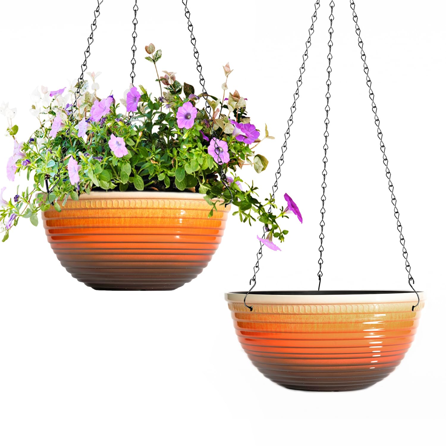 Vanslogreen 2 Pack Hanging Planters for Indoor Outdoor Plants, 10 Inch Hanging Planter with Drainage Hole & Plug Glazed Hanging Baskets Flower Pots for Garden Home, Orange