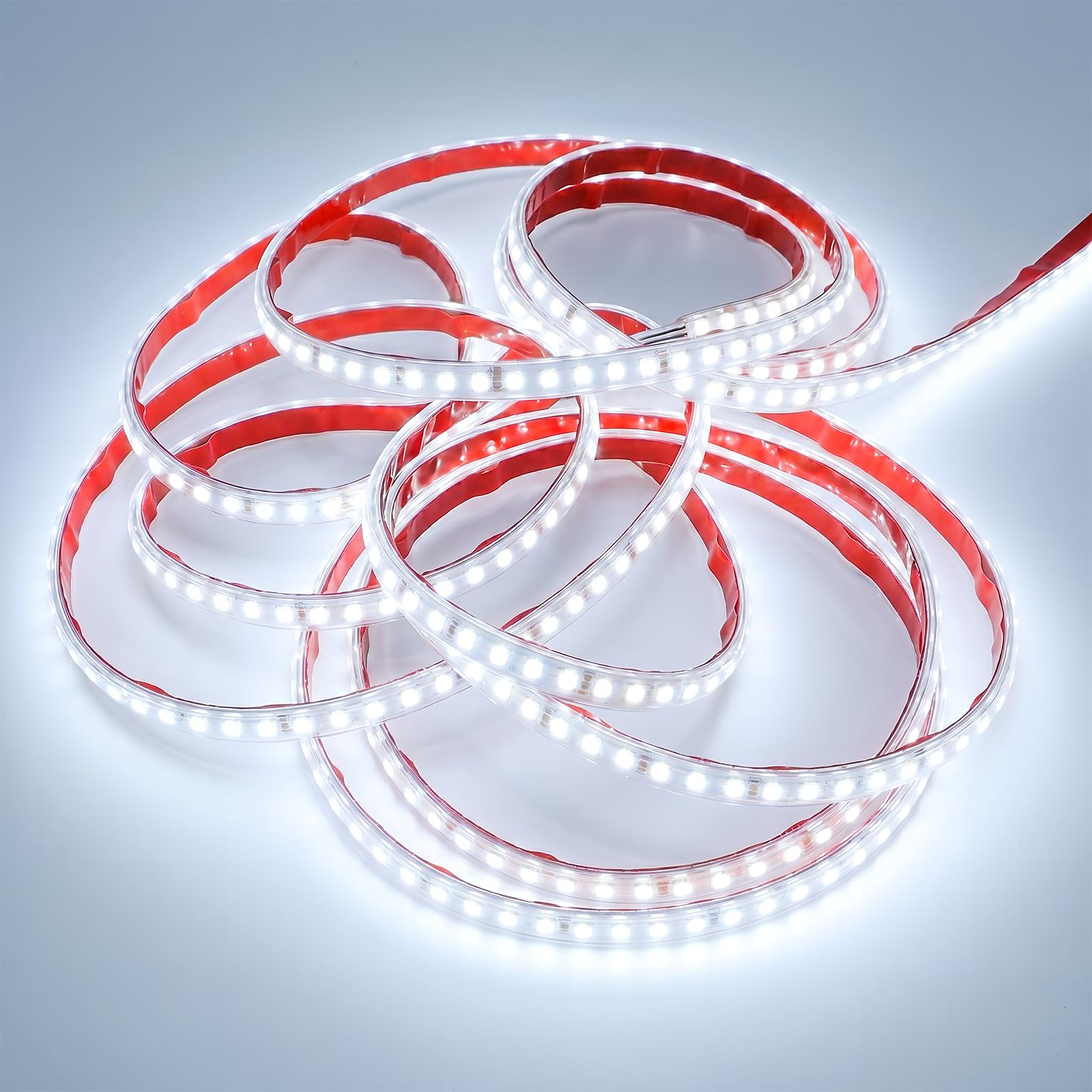 Nastro LED da 5 m, bianco freddo, 230 V, autoadesivo, SMD 2835, 120 LED/m, 230 V, per esterni e costruzione di negozi, IP67, impermeabile (bianco freddo, 5 m)